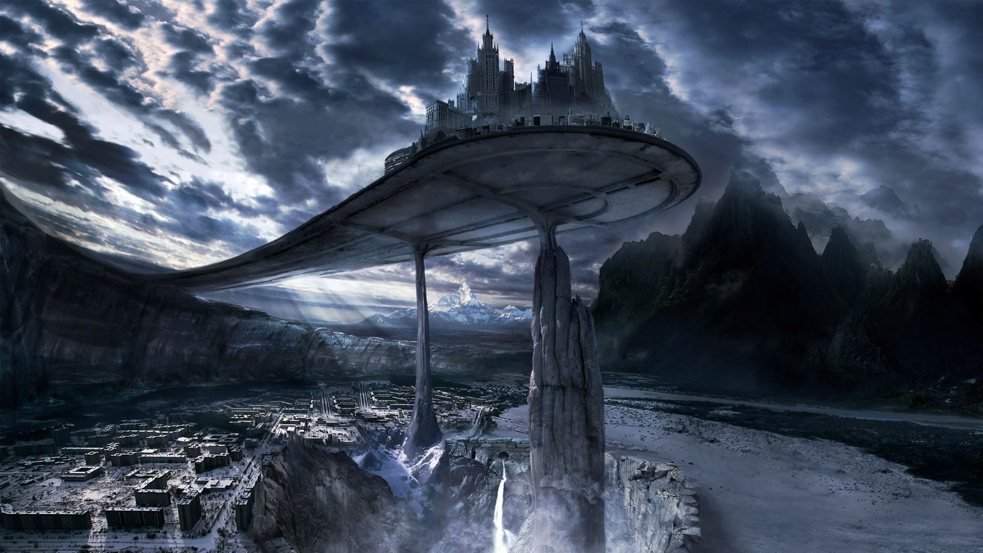 fantasy Art, Digital Art, Artwork, Pixelated, Science Fiction, Nature, Landscape, Mountains, Fall, City, Clouds, Animation, Dark Wallpaper HD / Desktop and Mobile Background