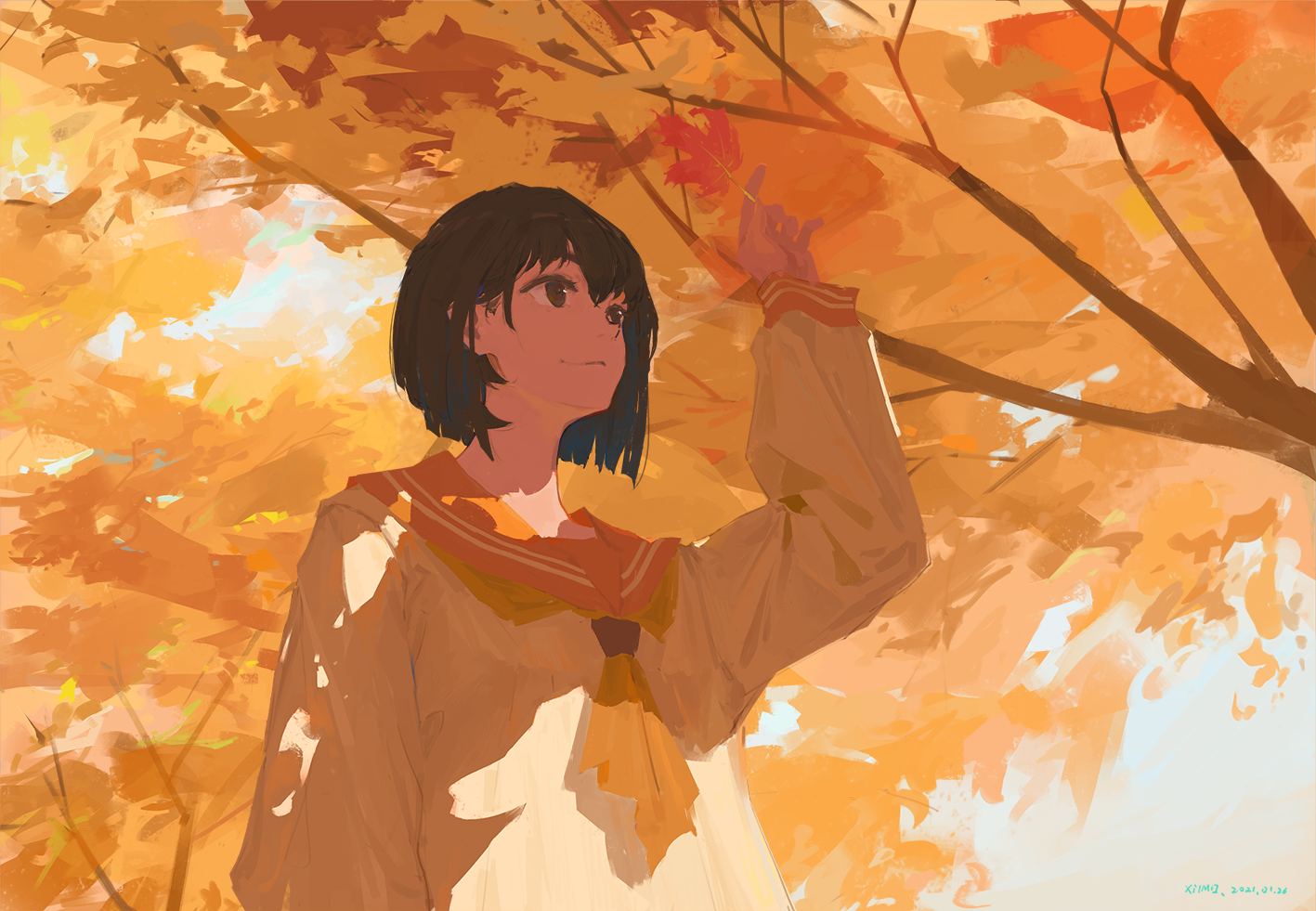 Girl in a forest during fall season. Anime, manga, cartoon digital painting  of autumn season. A girl wandering in a beautiful scenery. Orange trees,  dead leaves flying. Nature, park, outdoor landscape Stock