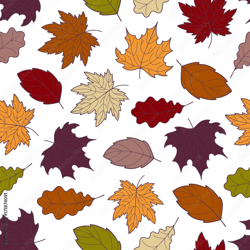 Doodle Autumn Leaves Seamless Pattern, Vector Hand Drawn Fall Leaf Wallpaper, Nature Botanic Abstract Background, EPS 8 Stock Vector