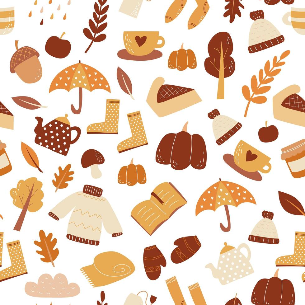 Seamless pattern of autumn set of items, vector wallpaper doodle style fall mood