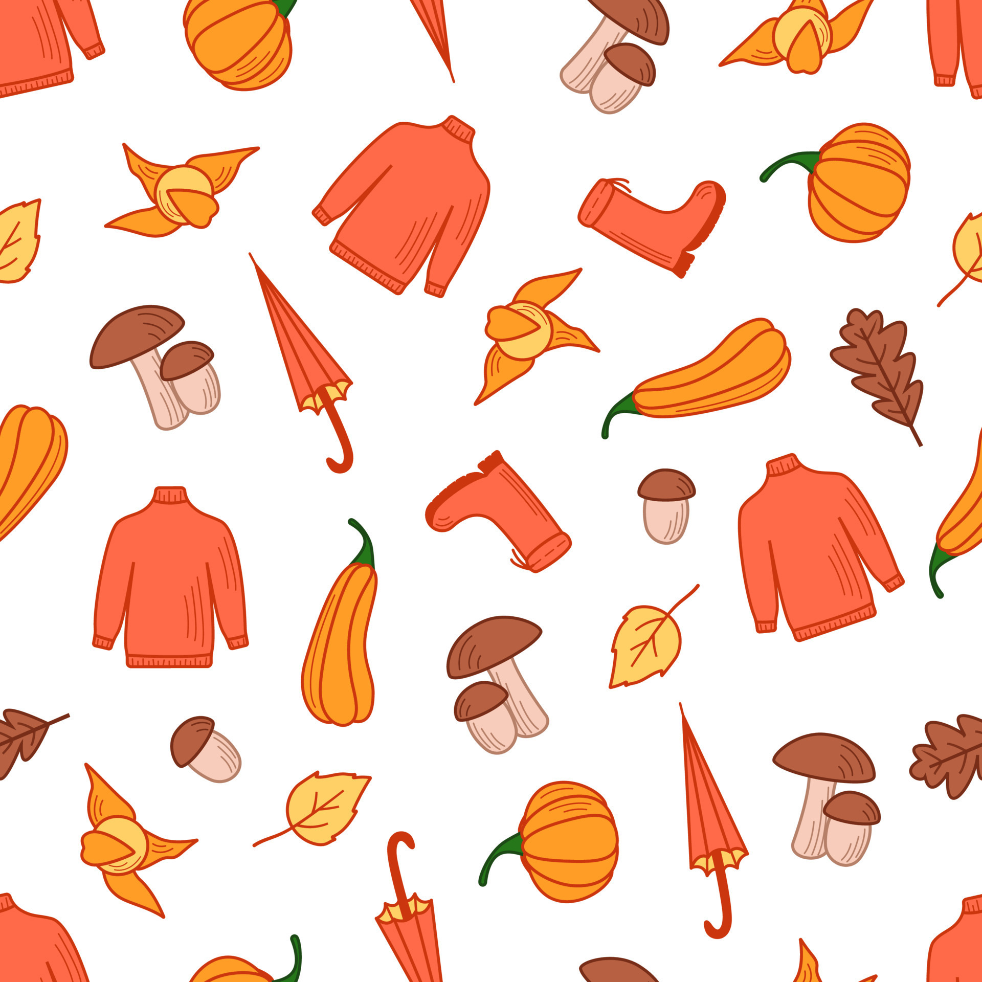 Seamless pattern of autumn set of items, vector wallpaper doodle style fall mood