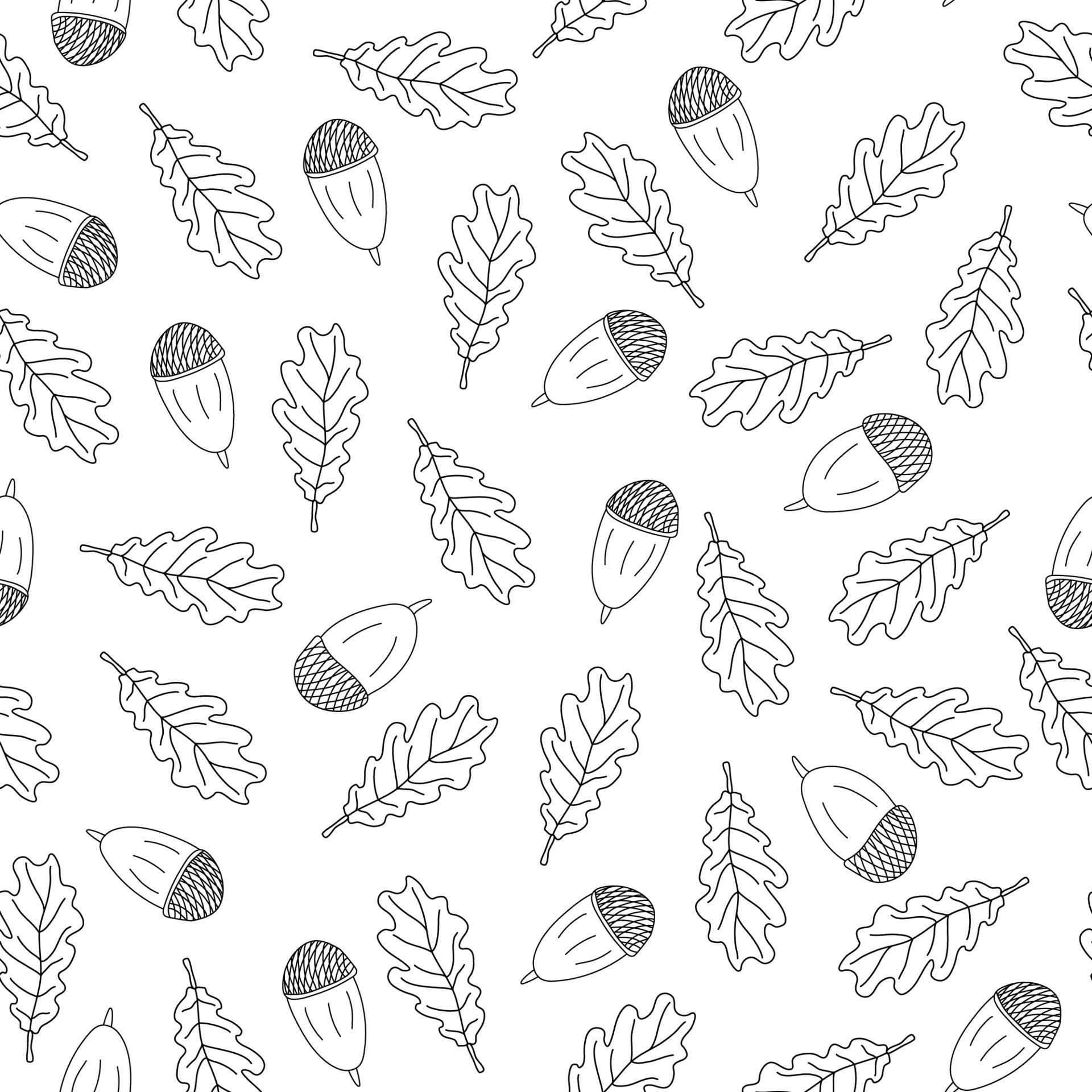 Autumn seamless pattern with oak leaves and acorns on white background. Great for fabrics, wrapping papers, wallpaper, covers. Doodle sketch style illustration in black ink