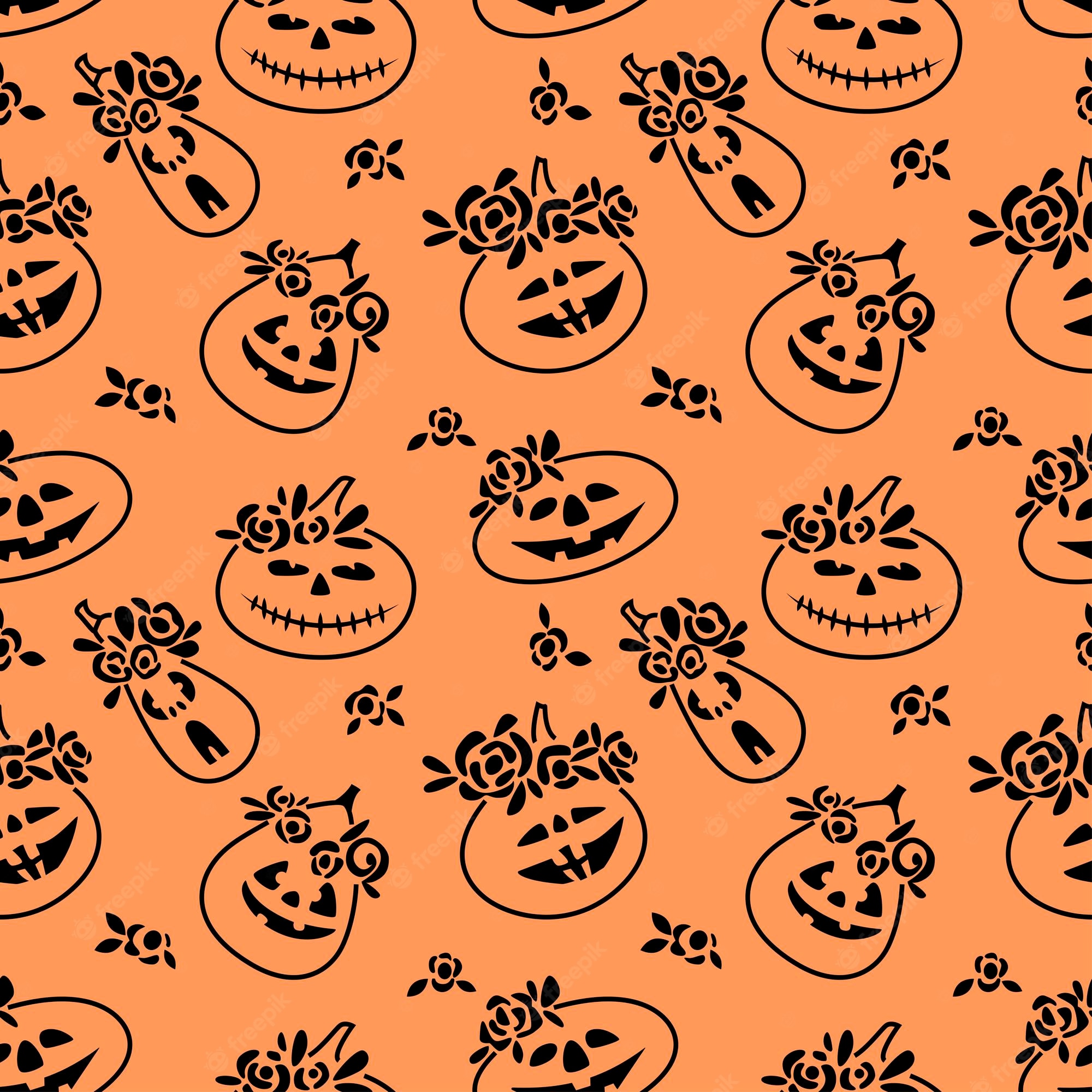 Premium Vector. Seasonal autumn doodle seamless pattern hand drawn pumpkin with wreath of flower isolated on orange background. vector flat illustration. design for textile, wallpaper, wrapping, packaging