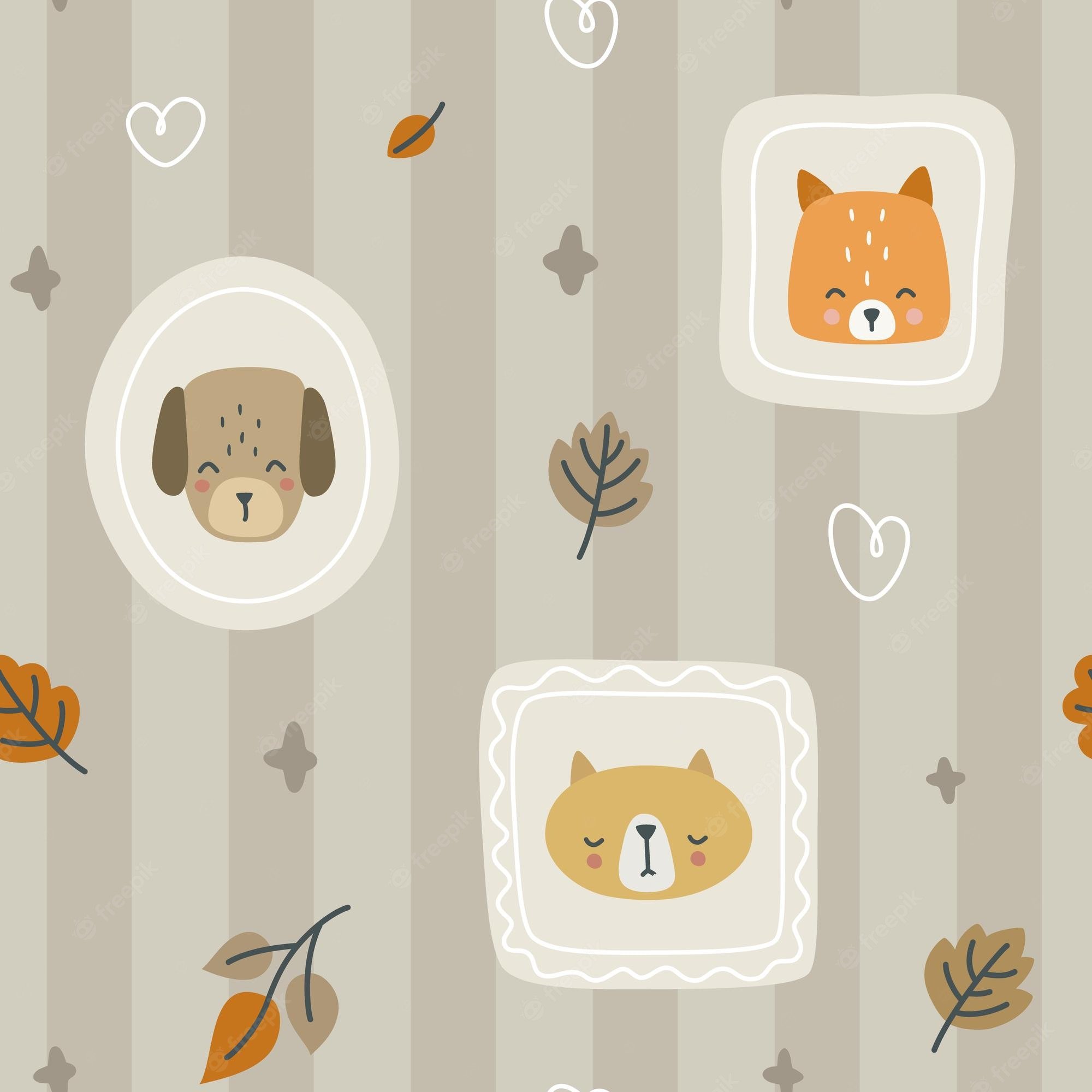 Premium Vector. Portraits of domestic cats and dogs on the wallpaper autumn doodle pattern