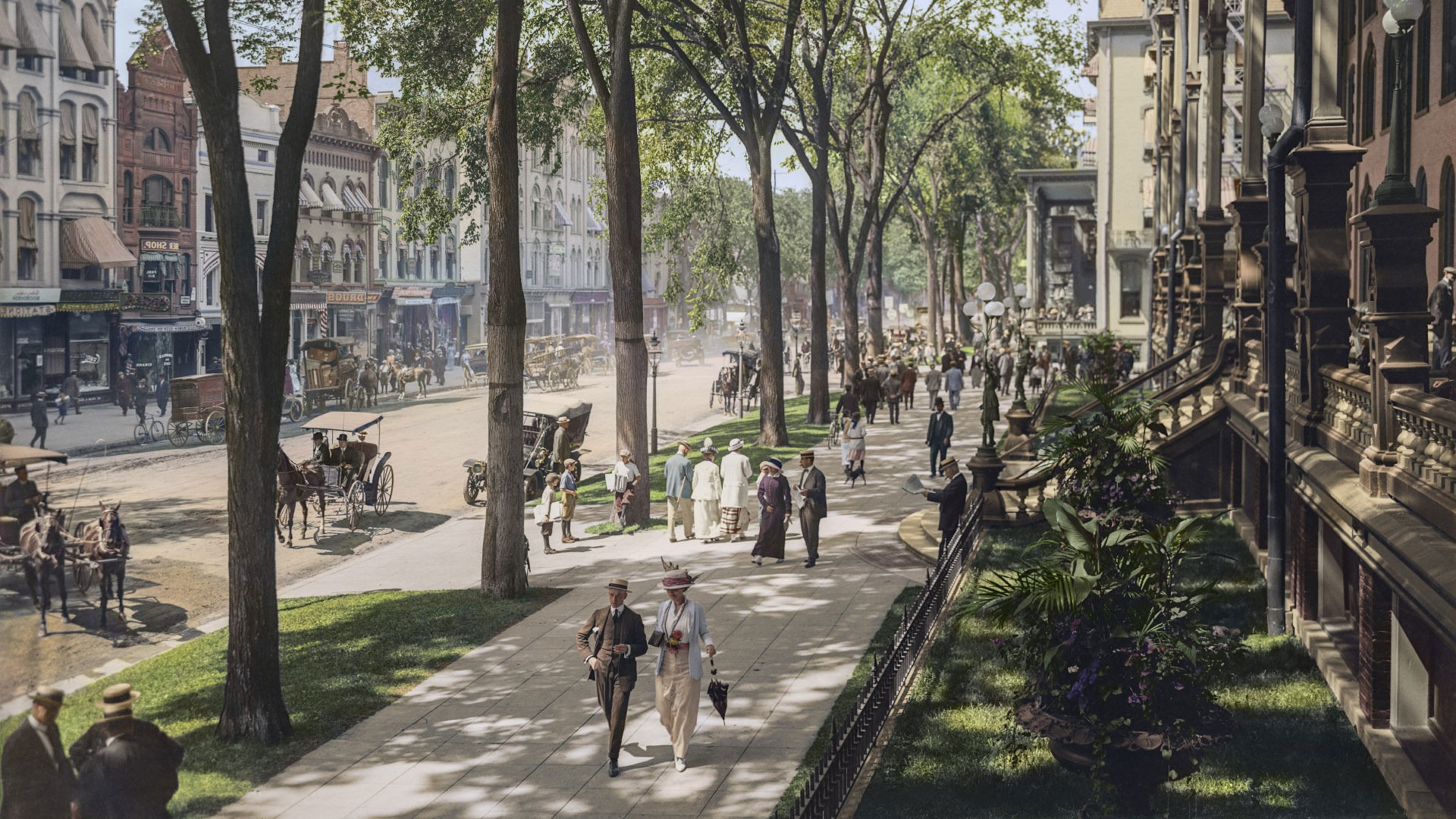 cityscape, Architecture, Building, Crowds, Street, Vintage, Photo Manipulation, Broadway, New York City, USA, Trees, Horse, Colorized Photo, Old Car, History Wallpaper HD / Desktop and Mobile Background