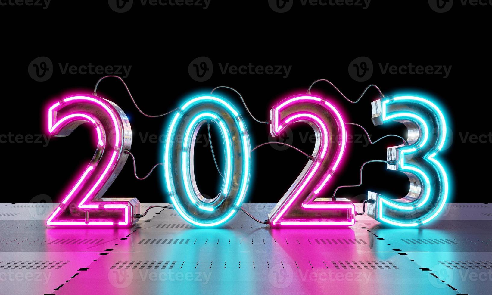 2023 neon lighting on metallic floor background. Technology and Abstract wallpaper concept. Happy new year theme. 3D illustration rendering