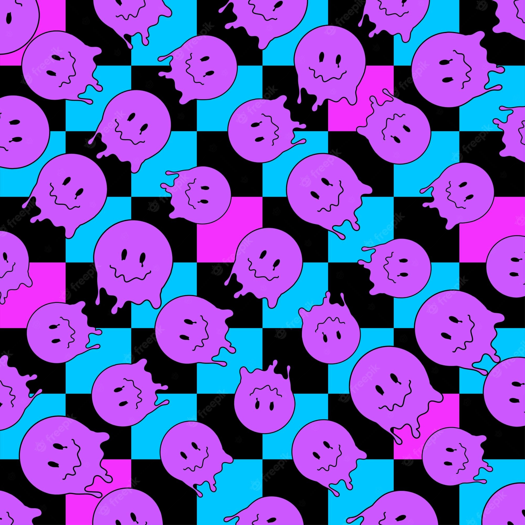Premium Vector. Funny smile dope faces seamless pattern psychedelic surreal techno melt smile background trippy smiley faces techno melting smile face cartoon background wallpaper concept art y2k aesthetic