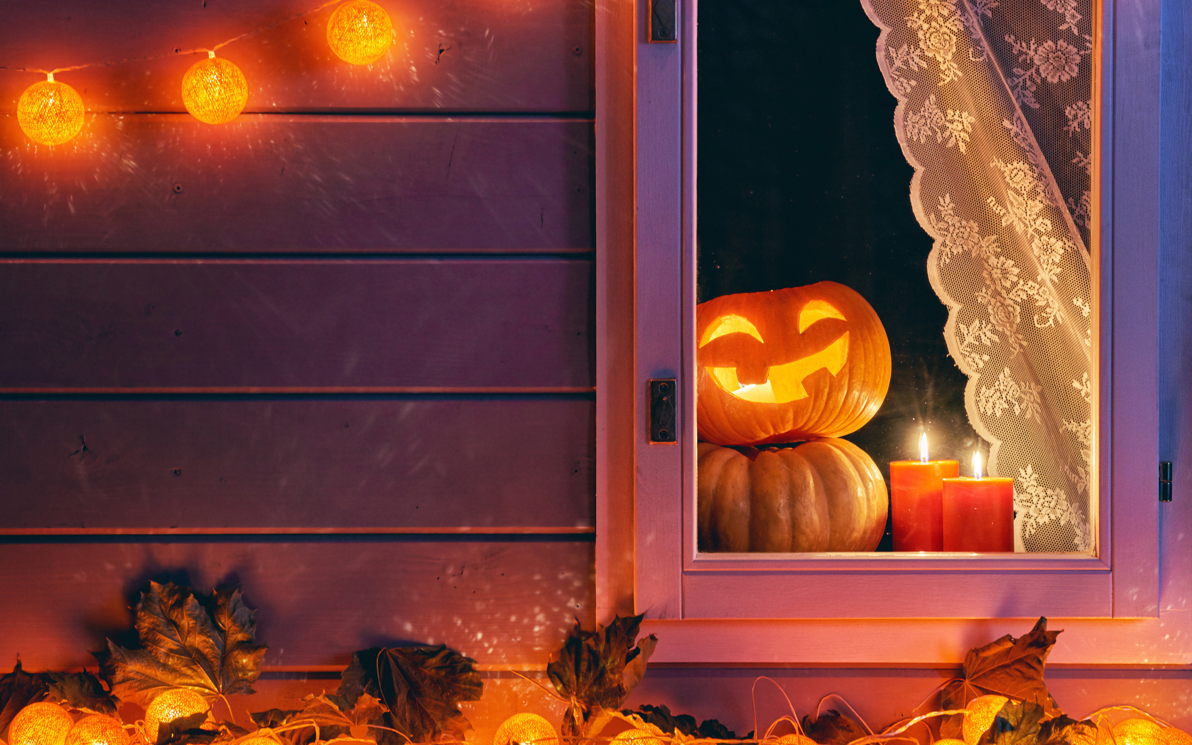 Download wallpaper 4k, Halloween, night, pumpkin, house, Happy Halloween for desktop with resolution 3840x2400. High Quality HD picture wallpaper