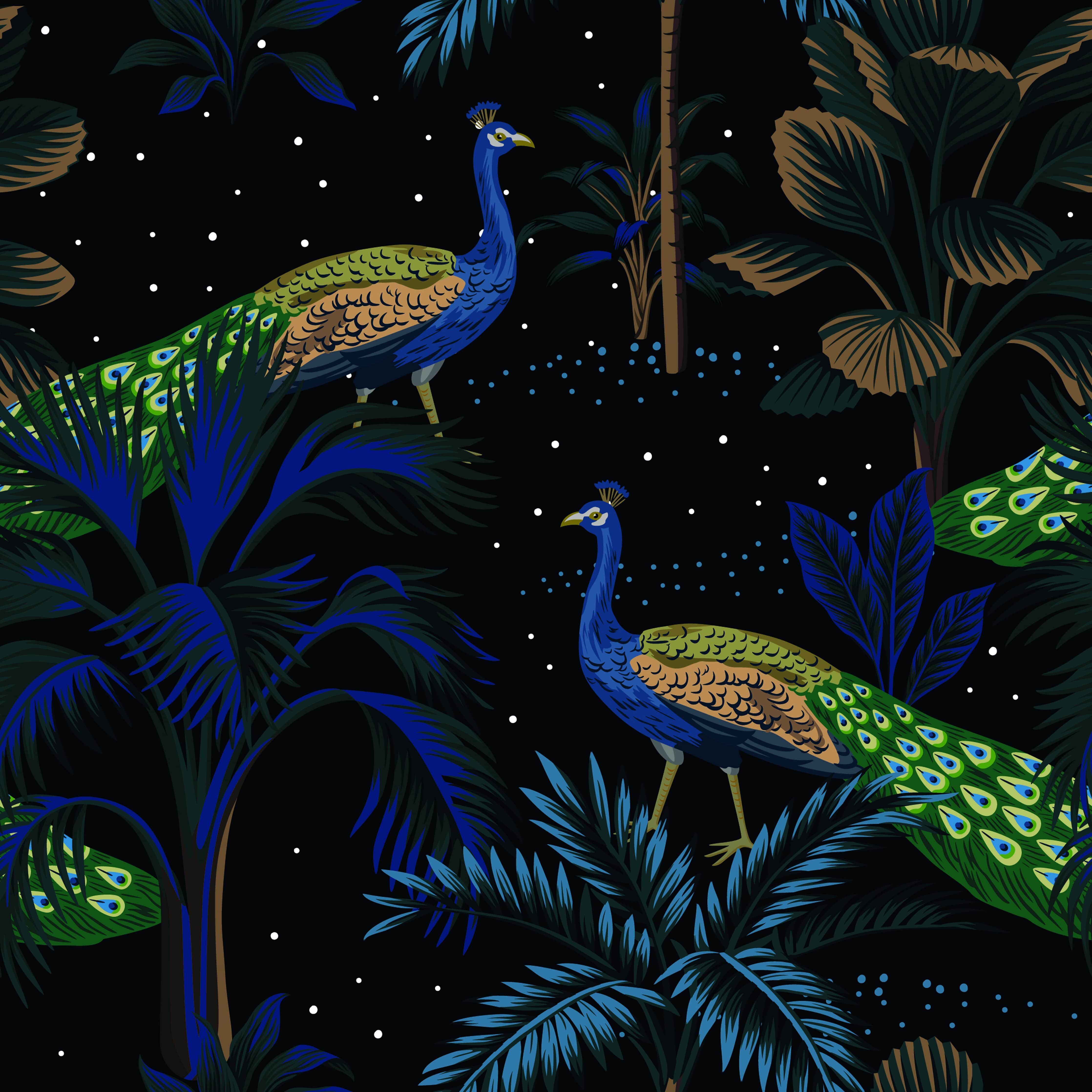 Bungalow Rose Bri Tropical Night Peacock Bird Peel and Stick Wallpaper Roll
