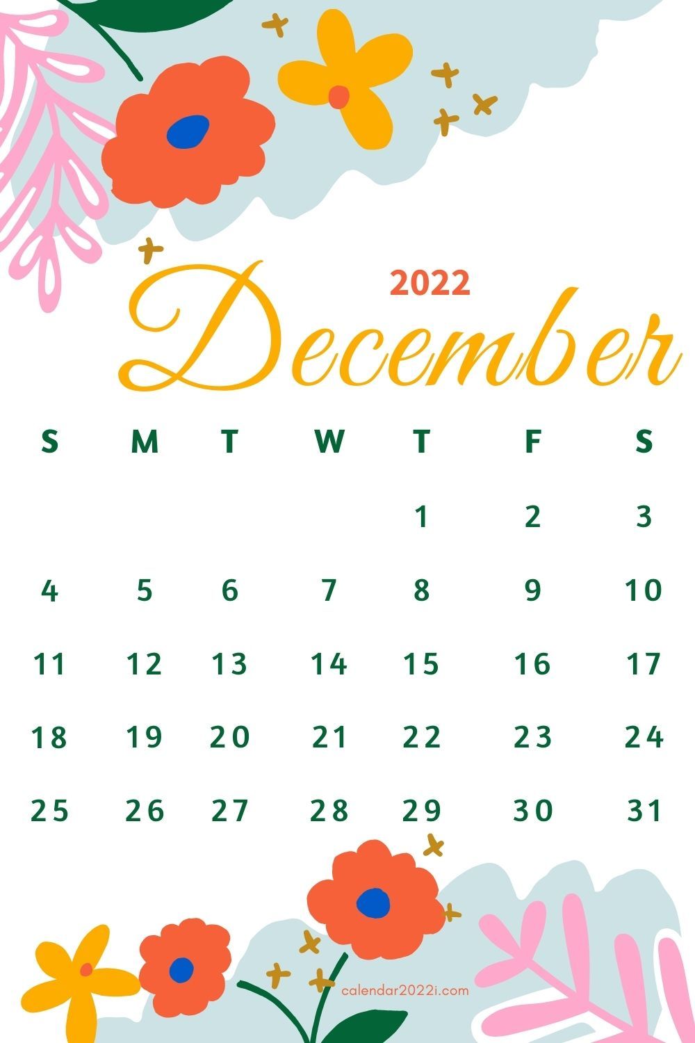 Floral December 2022 Calendar with Beautiful Flowers. Print calendar, Calendar printables, Free printable calender
