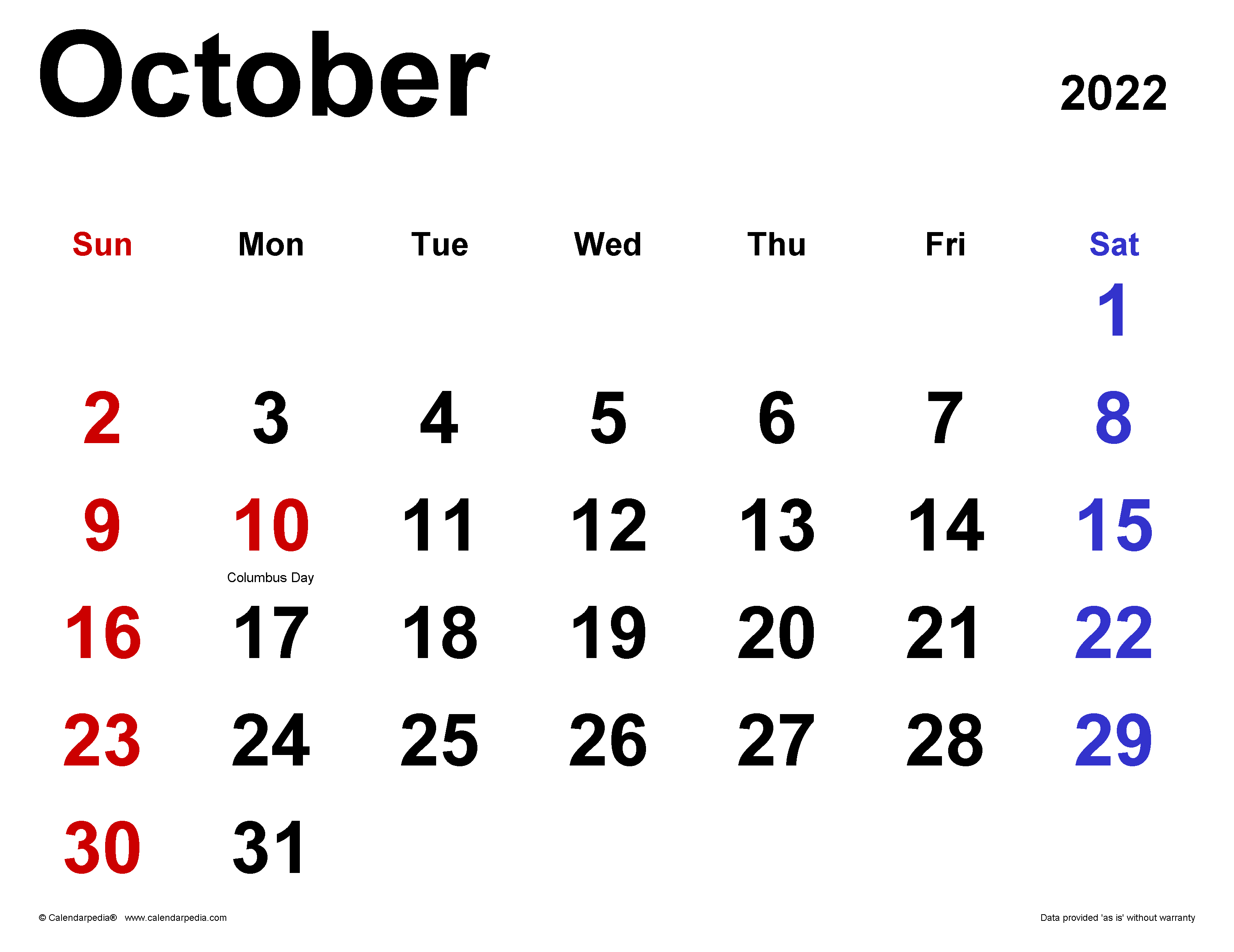 October 2022 Calendar. for Word, Excel