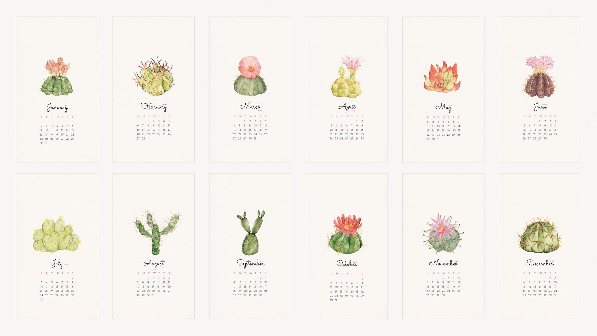 Free Vector. Botanical 2022 monthly calendar , cactus iphone wallpaper vector set
