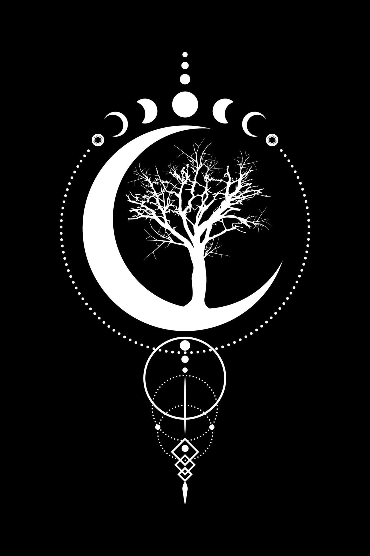 Mystical Moon Phases, tree of life, Sacred geometry. Triple moon, half moon pagan Wiccan goddess symbol, silhouette wicca banner sign, energy circle, boho style vector isolated on black background Vector Art