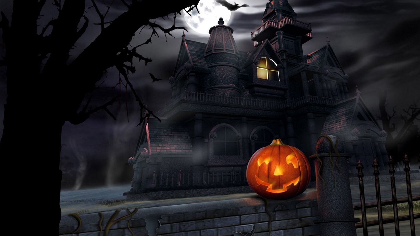 Download wallpaper 1366x768 halloween, pumpkin, lantern, house, darkness, gloom tablet, laptop HD background