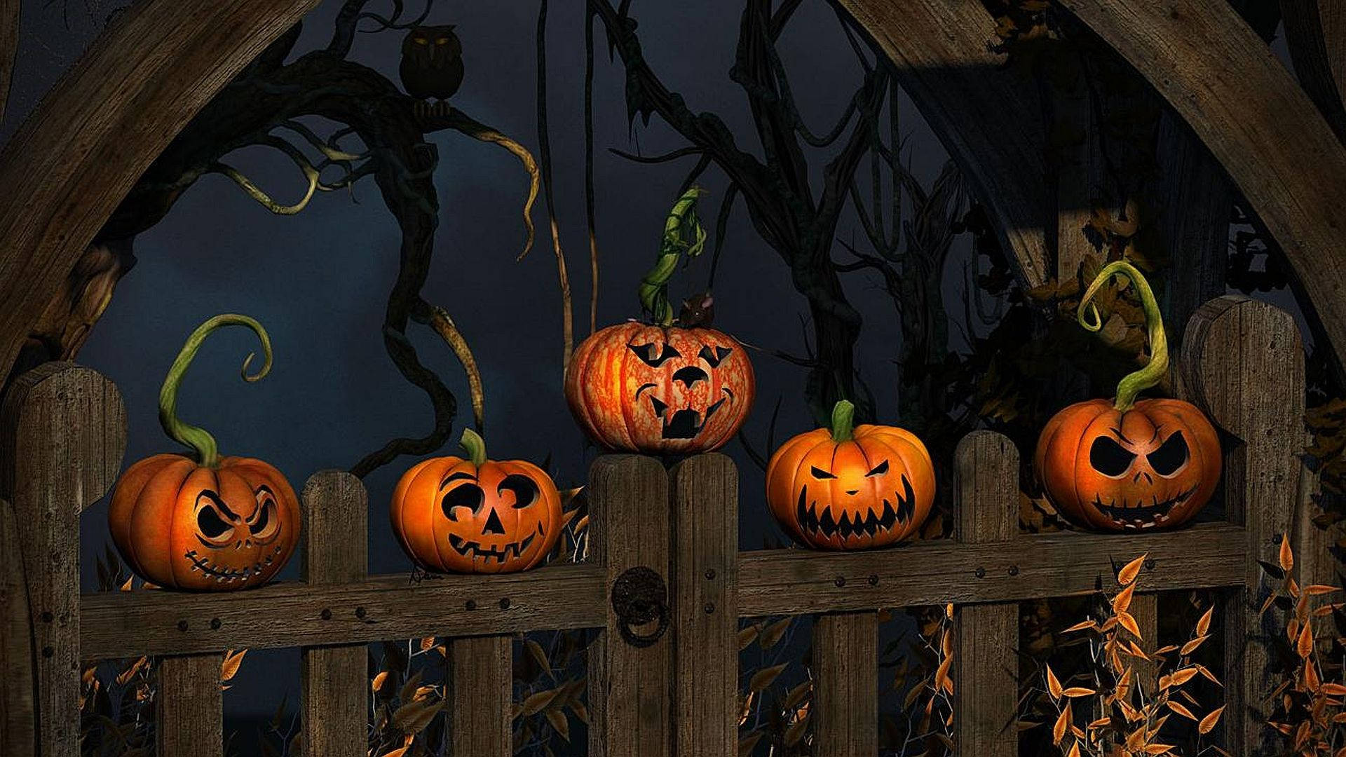 Download Halloween Pumpkins On Fence Wallpaper