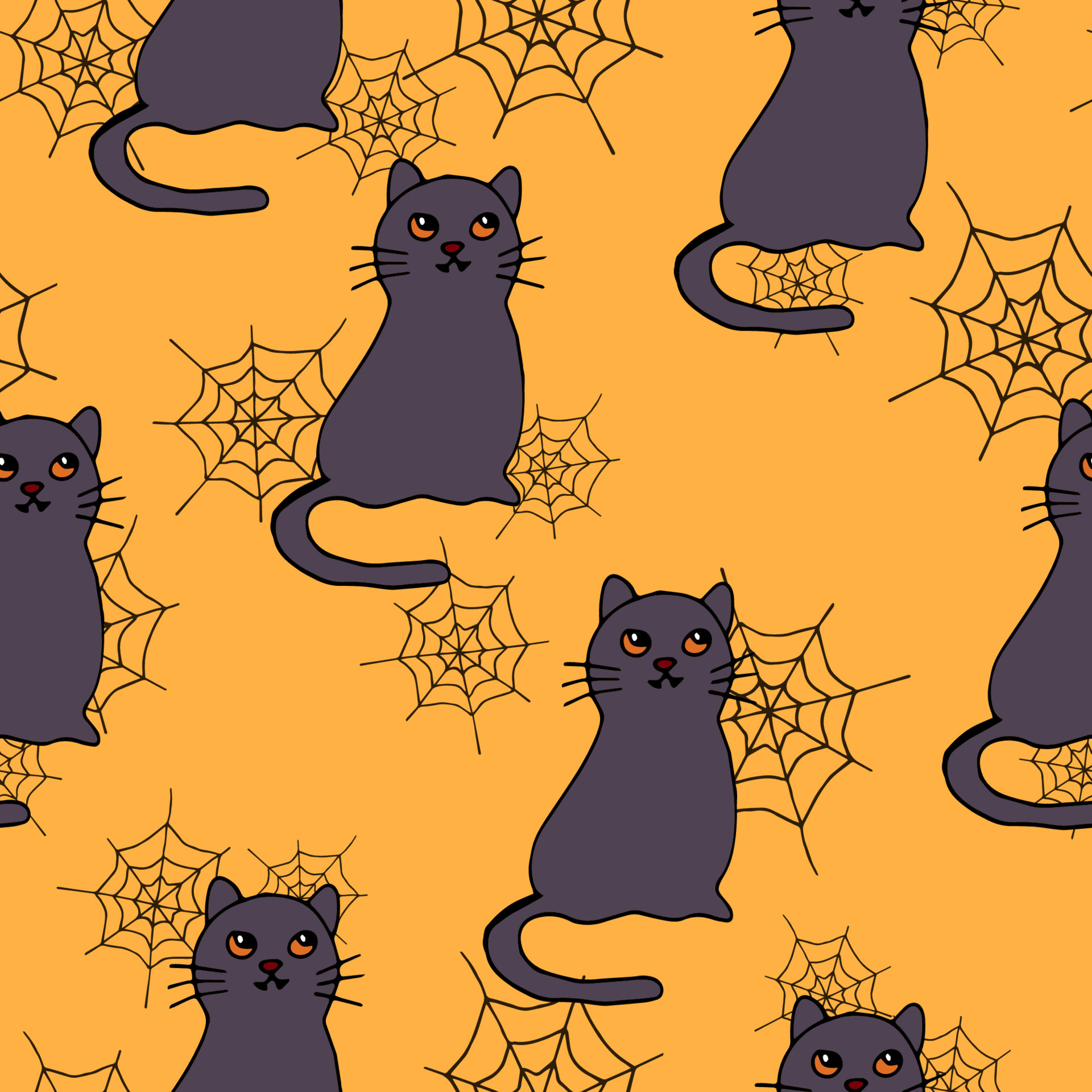 Happy Halloween vector seamless pattern. Cat background. Holiday colorful texture for wrapping, wallpaper, textile, scrapbooking. Hand drawn vector illustration in doodle style