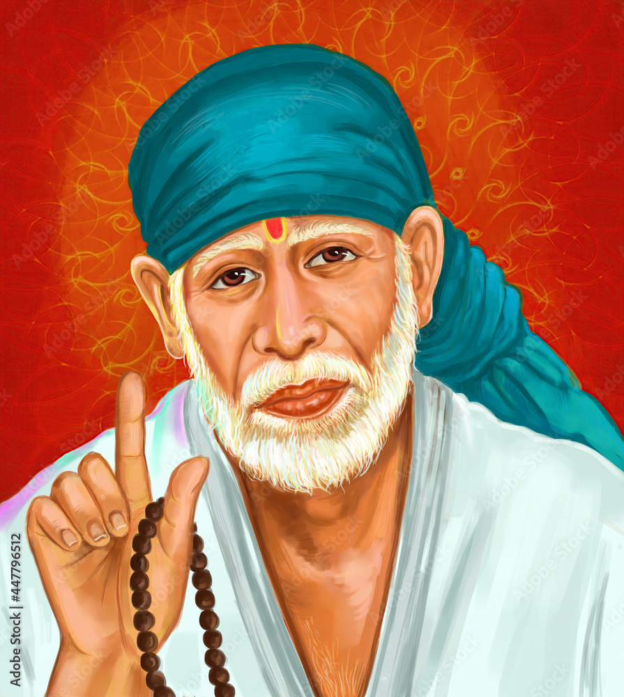 Sai Baba of Shirdi wallpaper Hindu God Paiting for mandir temple Om Sai Ram Stock Illustration