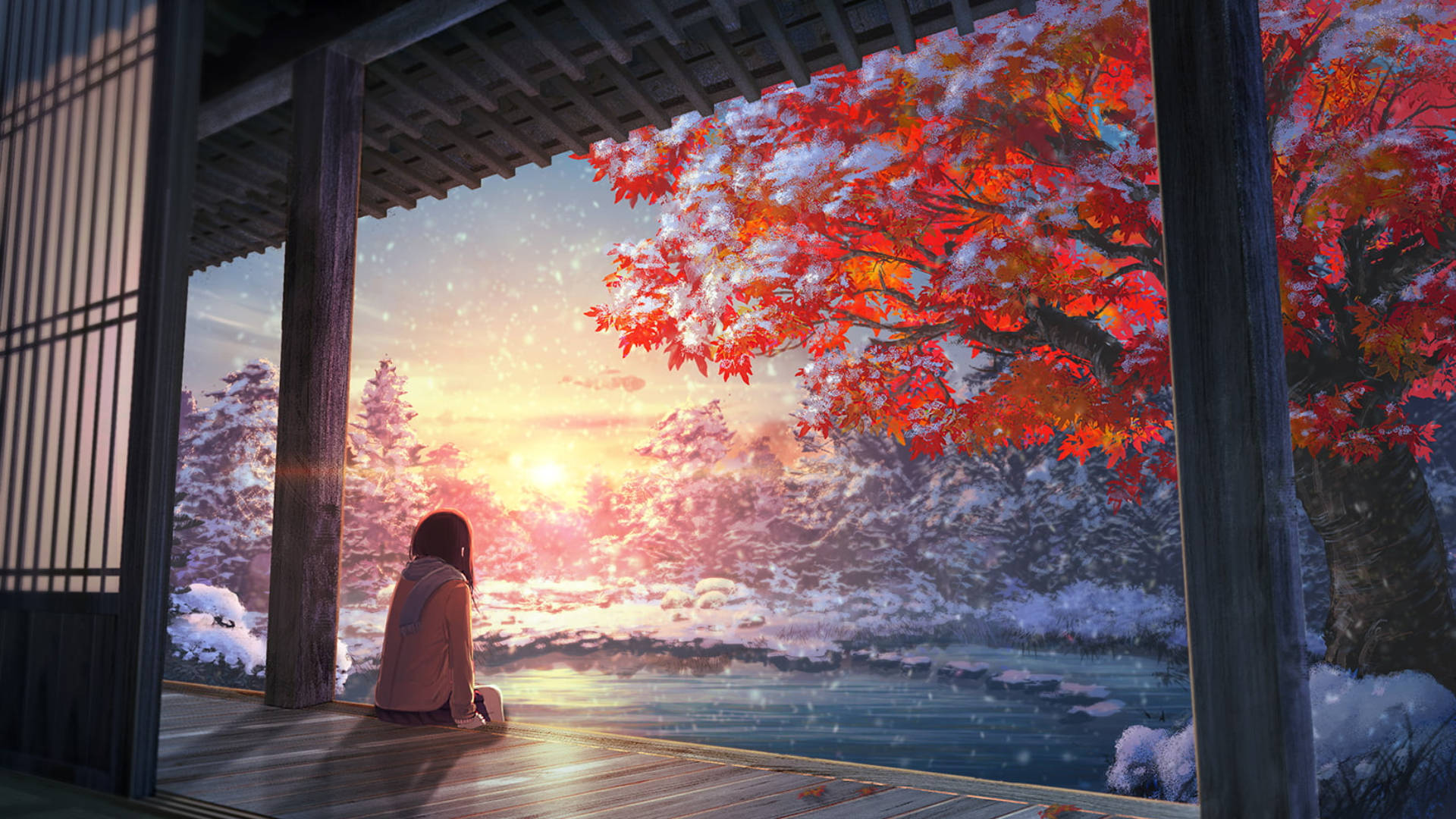 Download Chill Anime Girl During Winter Wallpaper
