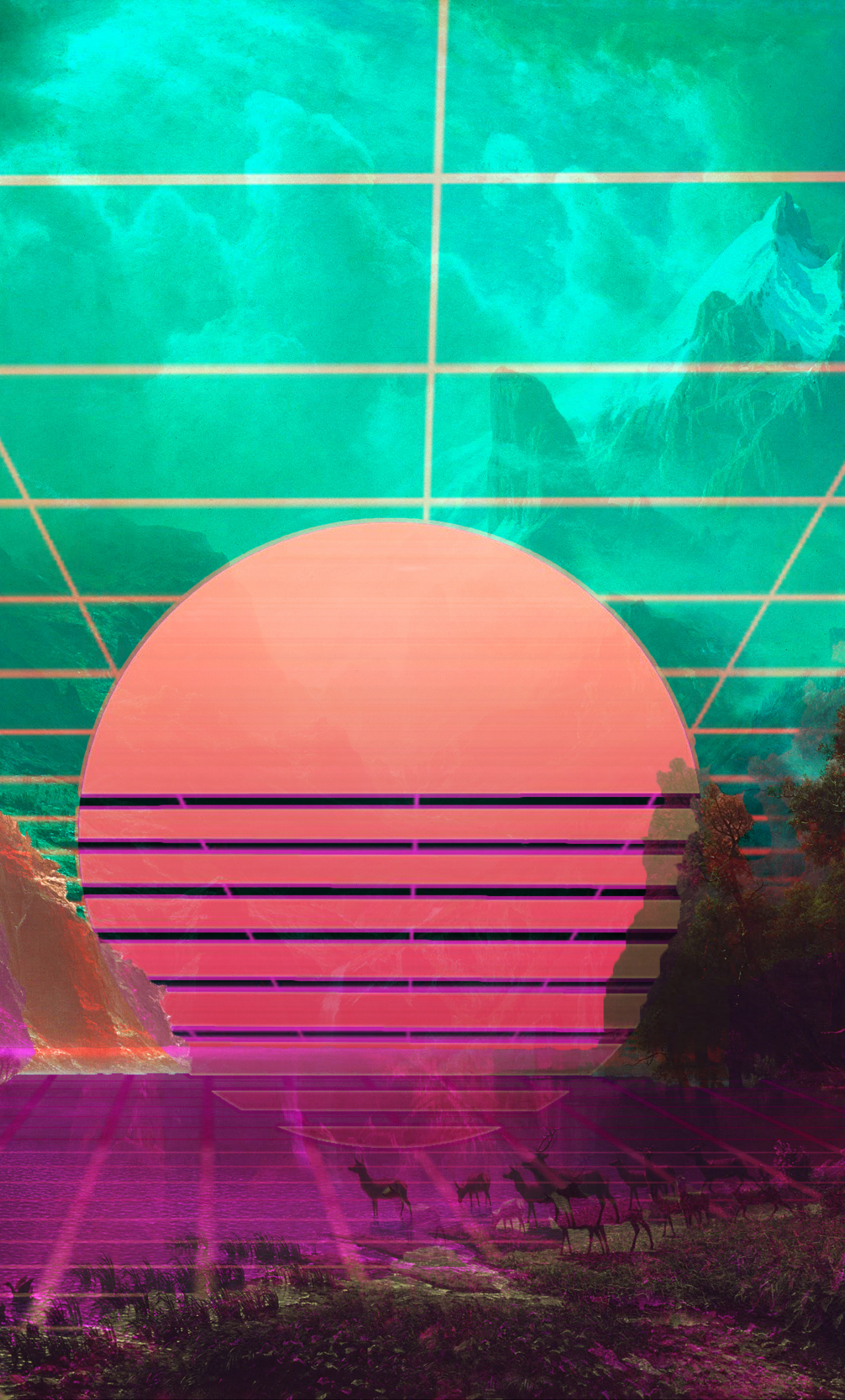 Download retro wave, digital art, moon, mountains, forest 1280x2120 wallpaper, iphone 6 plus, 1280x2120 HD image, background, 21146