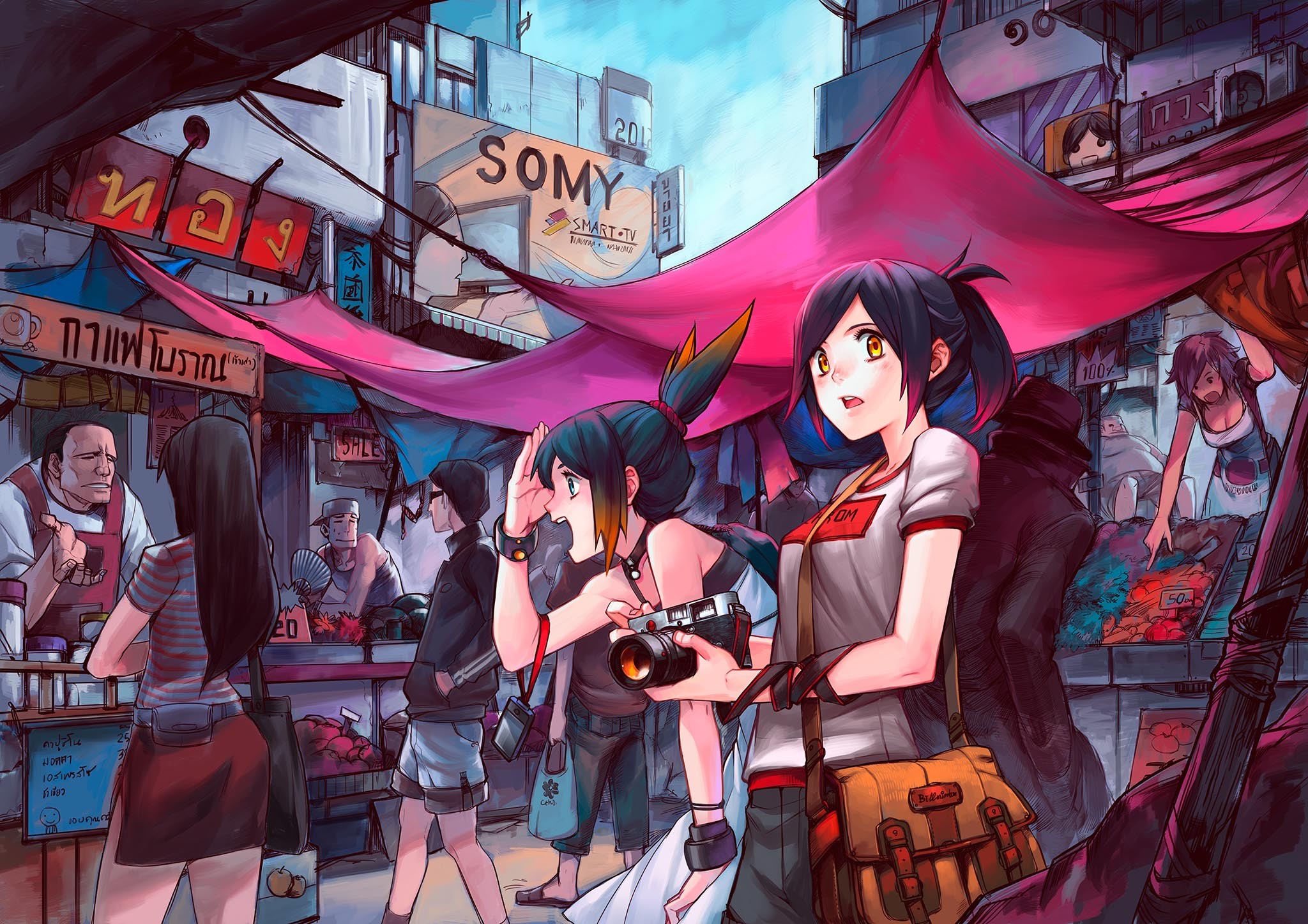 #black hair, #anime, #anime girls, #orange eyes, #camera, #short hair, #markets wallpaper Gallery HD Wallpaper