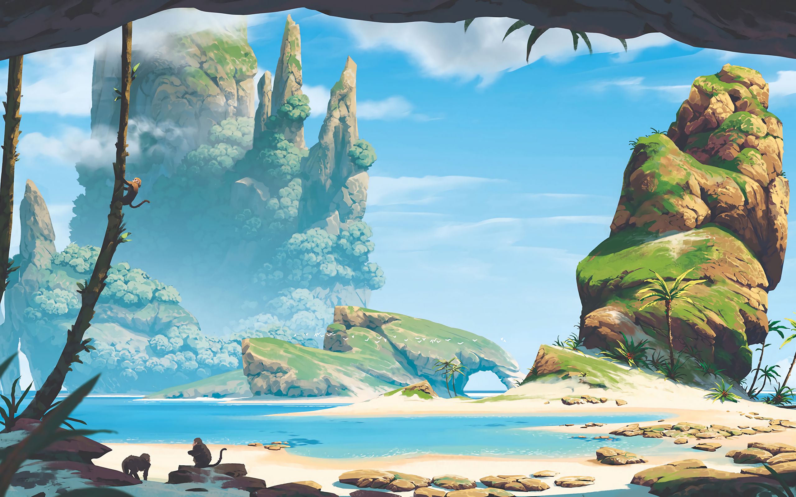 Download wallpaper 2560x1600 beach, sea, monkeys, mountains, art widescreen 16:10 HD background