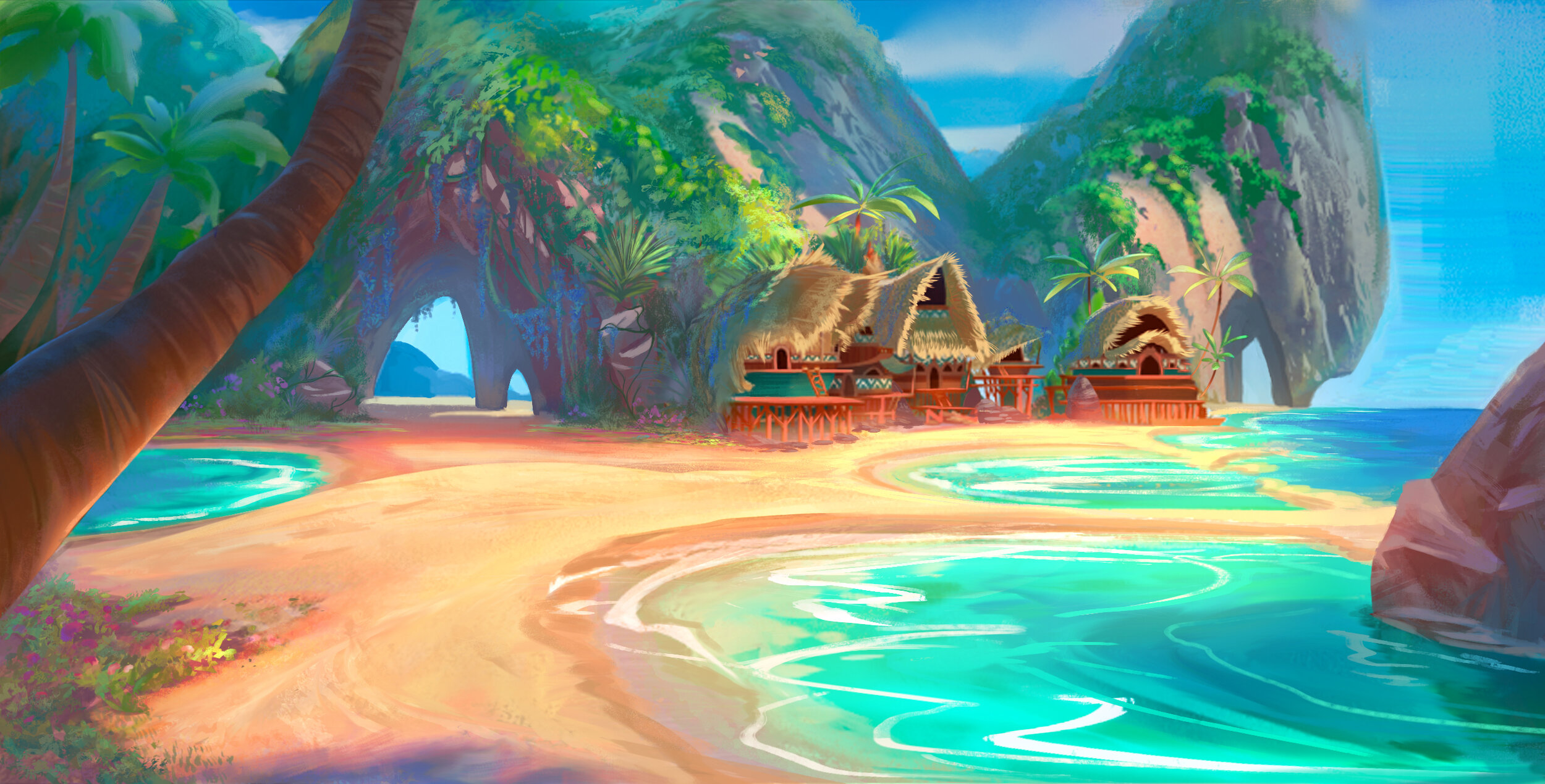 Digital Art Fantasy Art Nature Beach Sea Palm Trees Hut Rock Wallpaper:2500x1270