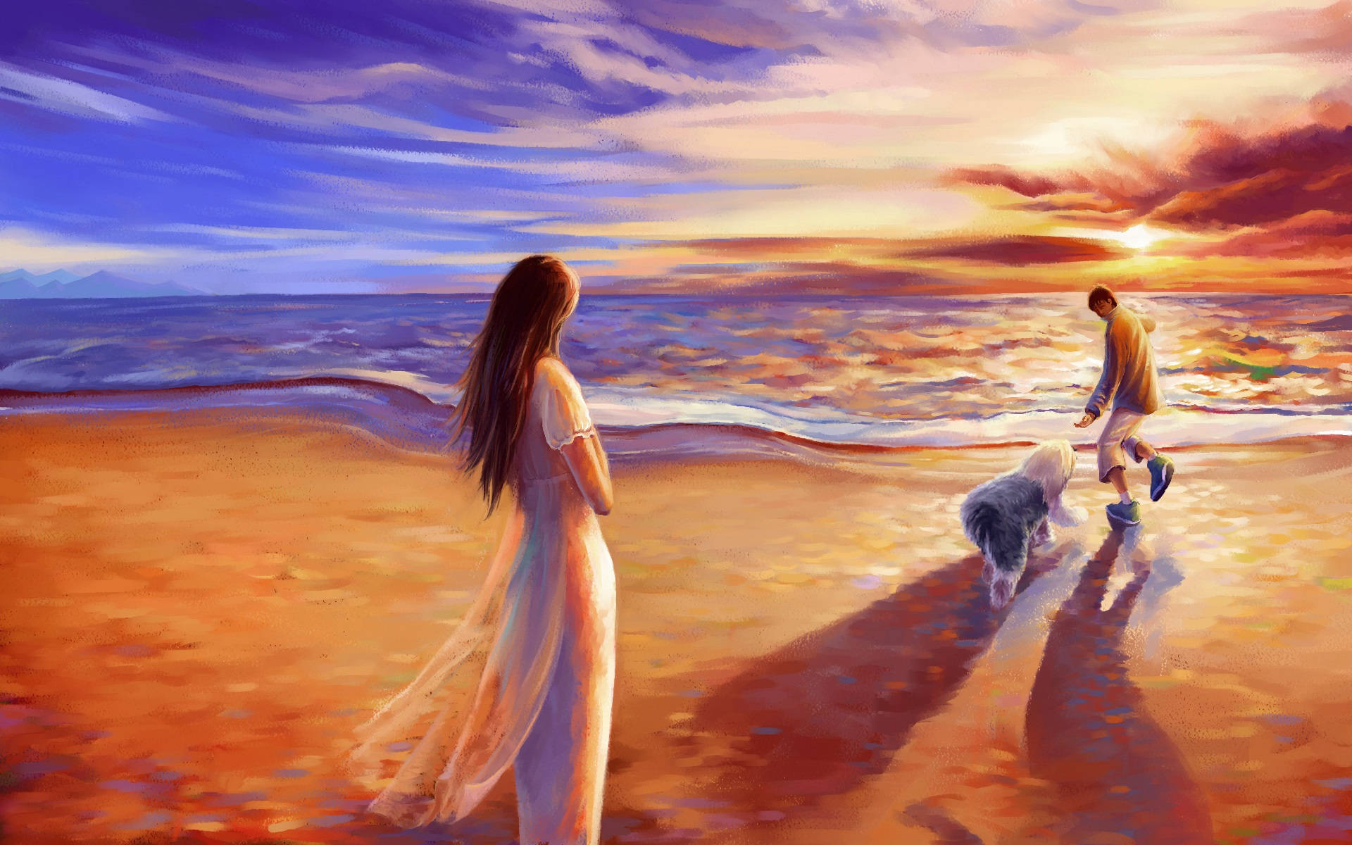 Download Playing On Beach Sunset Painting Wallpaper