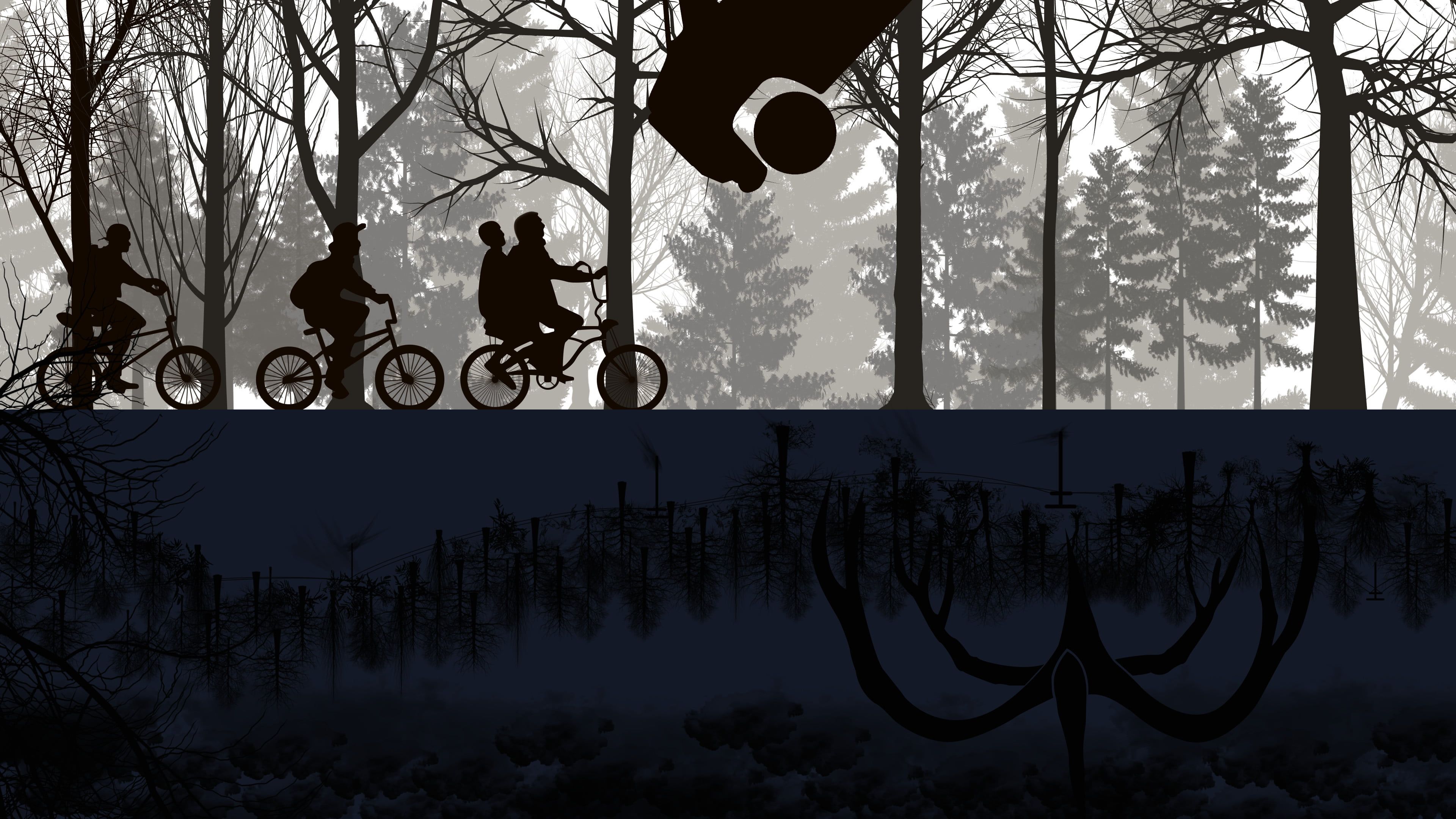 silhouette of four people riding bikes digital wallpaper Stranger Things #Netflix #TV #bicycle. Stranger things upside down, Stranger things, Stranger things art