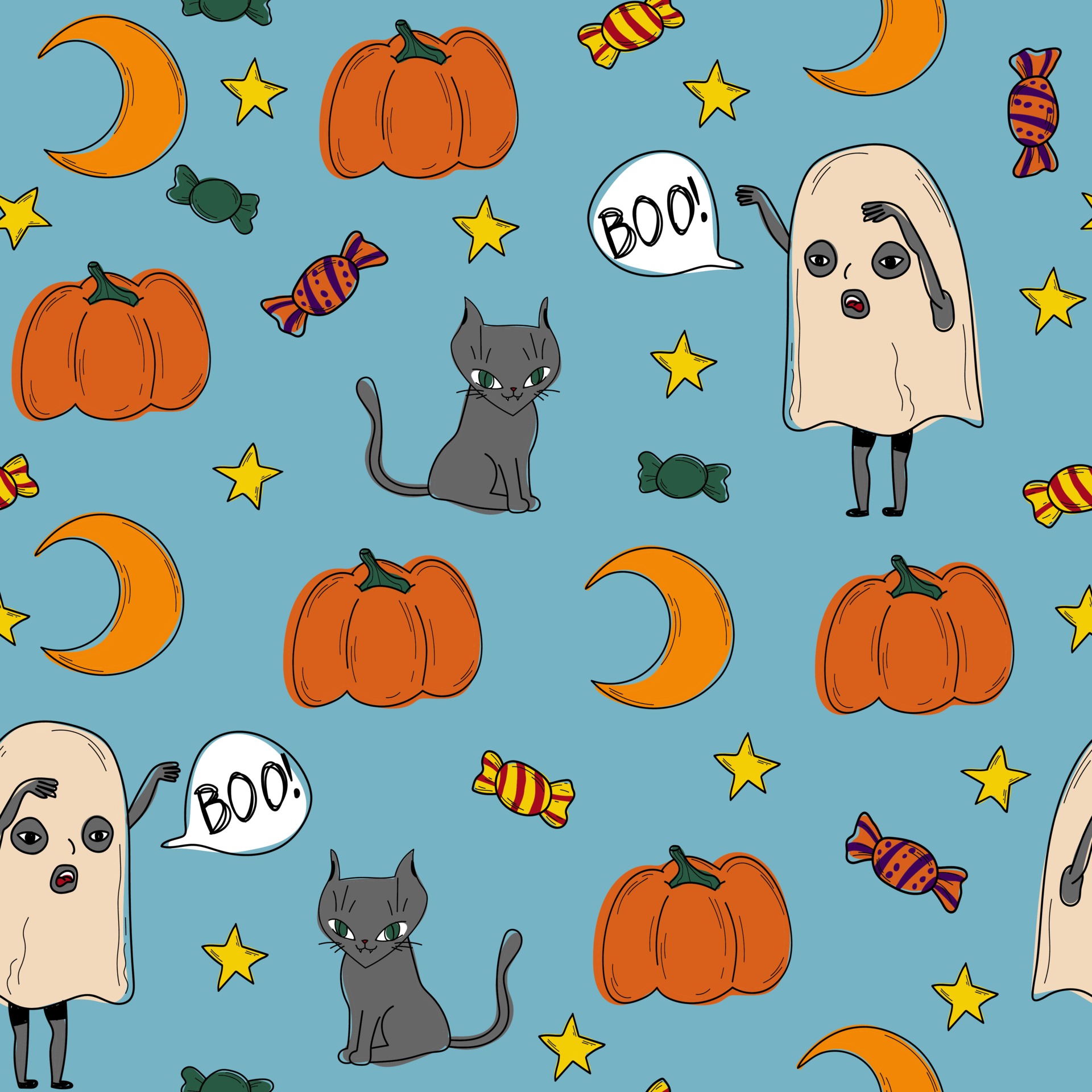 blue pattern ghost candy pumpkin moon halloween magic background