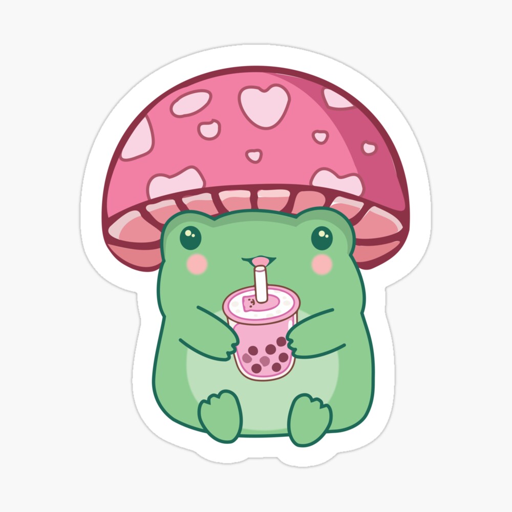 Kawaii Frog Mushroom Hat Drinking Pink Strawberry Boba Tea iPhone Case