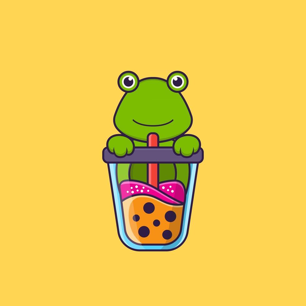Cute Frog Drinking Boba Milk Tea. Animal Cartoon Concept Isolated. Can Used For T Shirt, Greeting Card, Invitation Card Or Mascot. Flat Cartoon Style