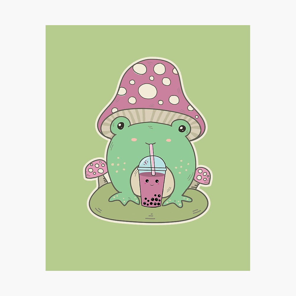 Cottagecore Frog Drinking Boba Tea Poster