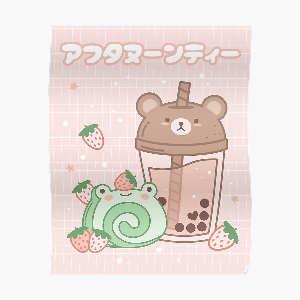 Afternoon Tea Cute Kawaii Bear Boba Tea And Frog Strawberry Cake Tapestry By Bryce LiSi