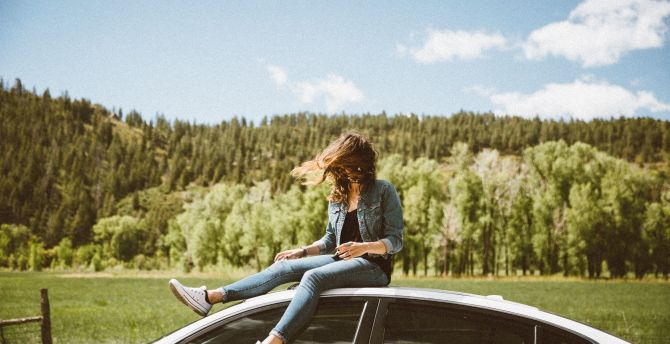 Wallpaper girl on car, forest, travel desktop wallpaper, HD image, picture, background, 24f0cf