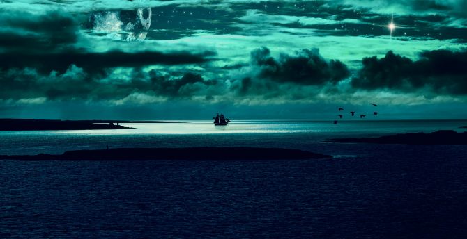 Clouds, body of water, sea, night, fantasy wallpaper, HD image, picture, background, 6f4f42