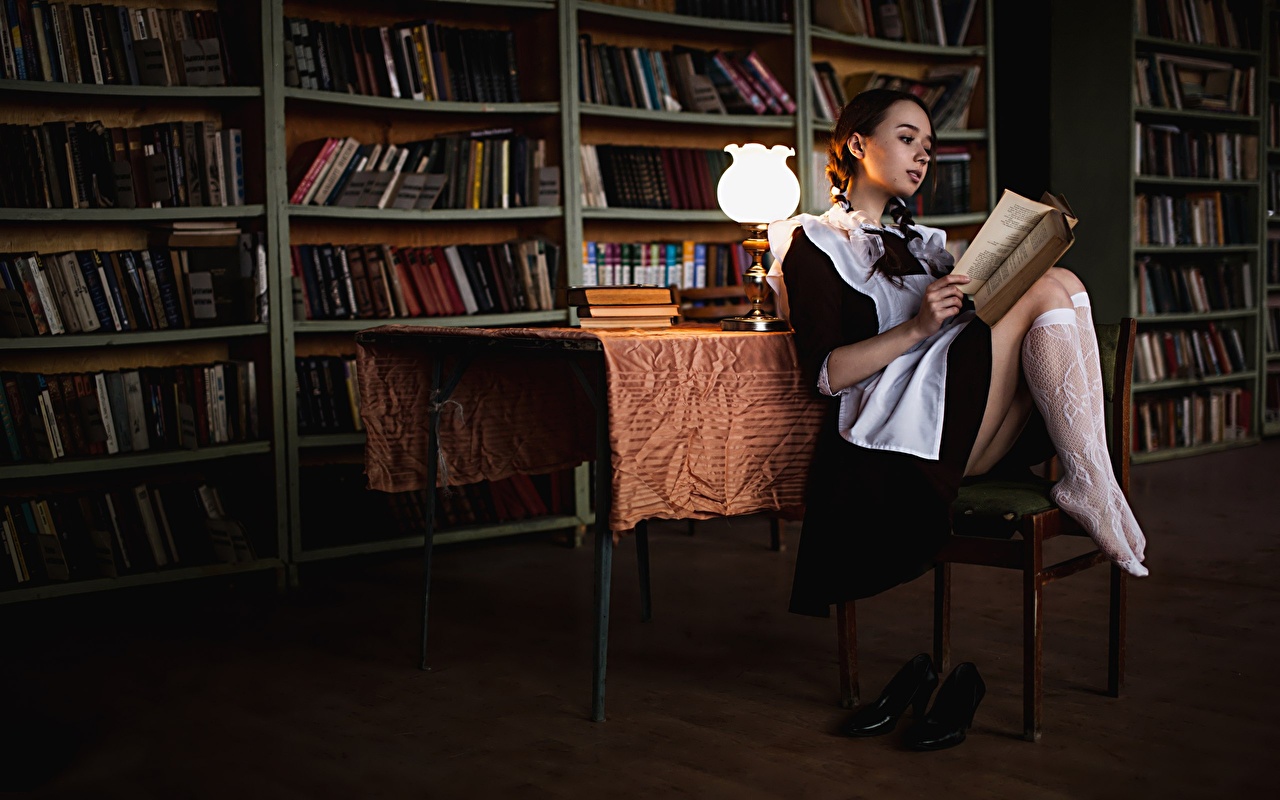 Wallpaper Schoolgirl Knee highs Library read Girls Legs sit Lamp