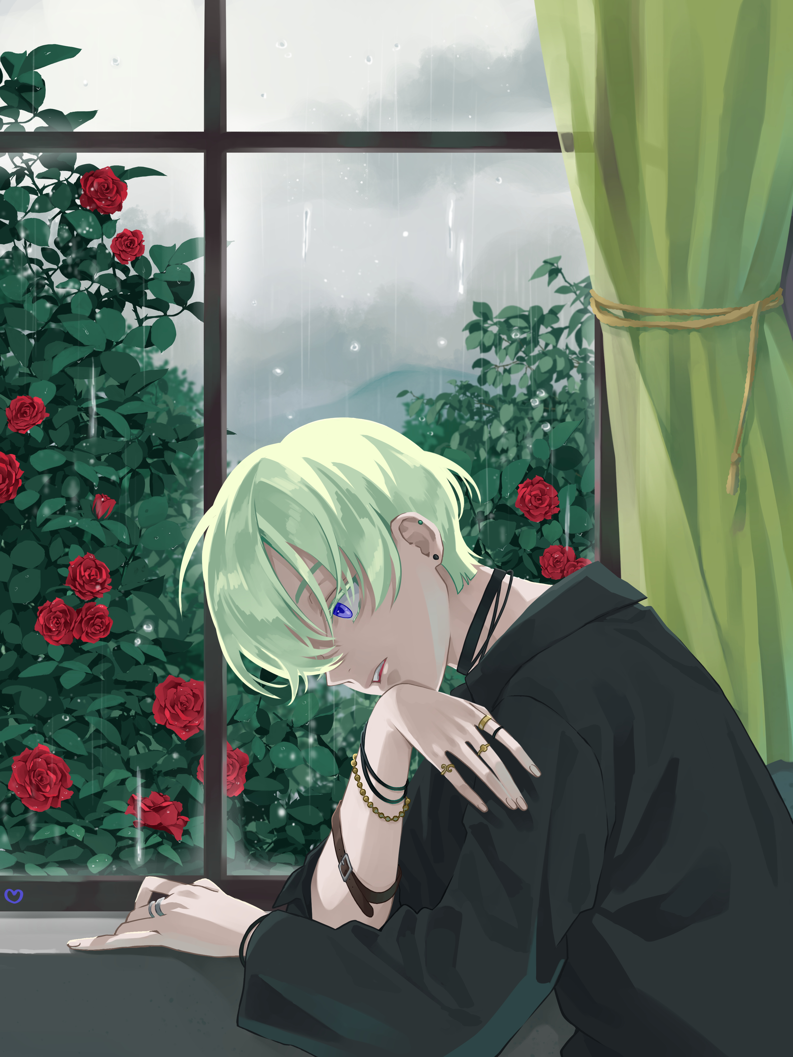 Download wallpaper 3000x4000 boy, glance, window, roses, garden, anime HD background