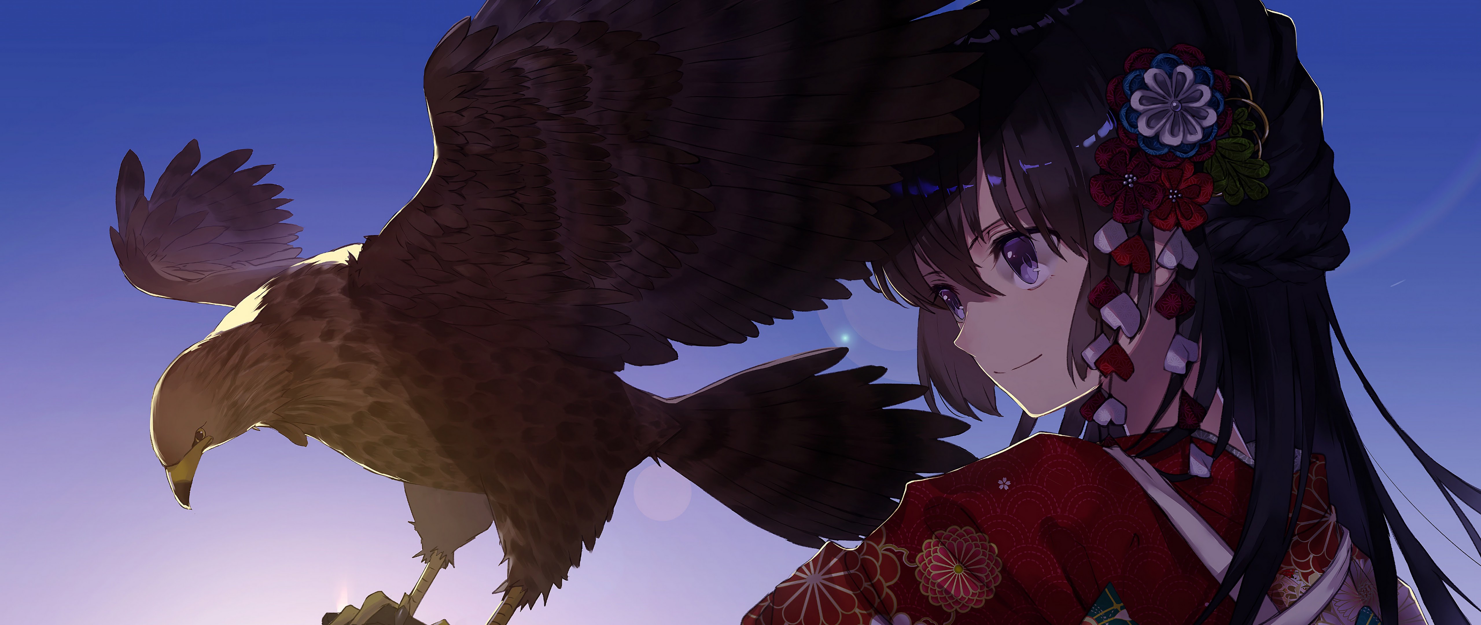 Anime Girl Bird Falcon Animal 4K Wallpaper