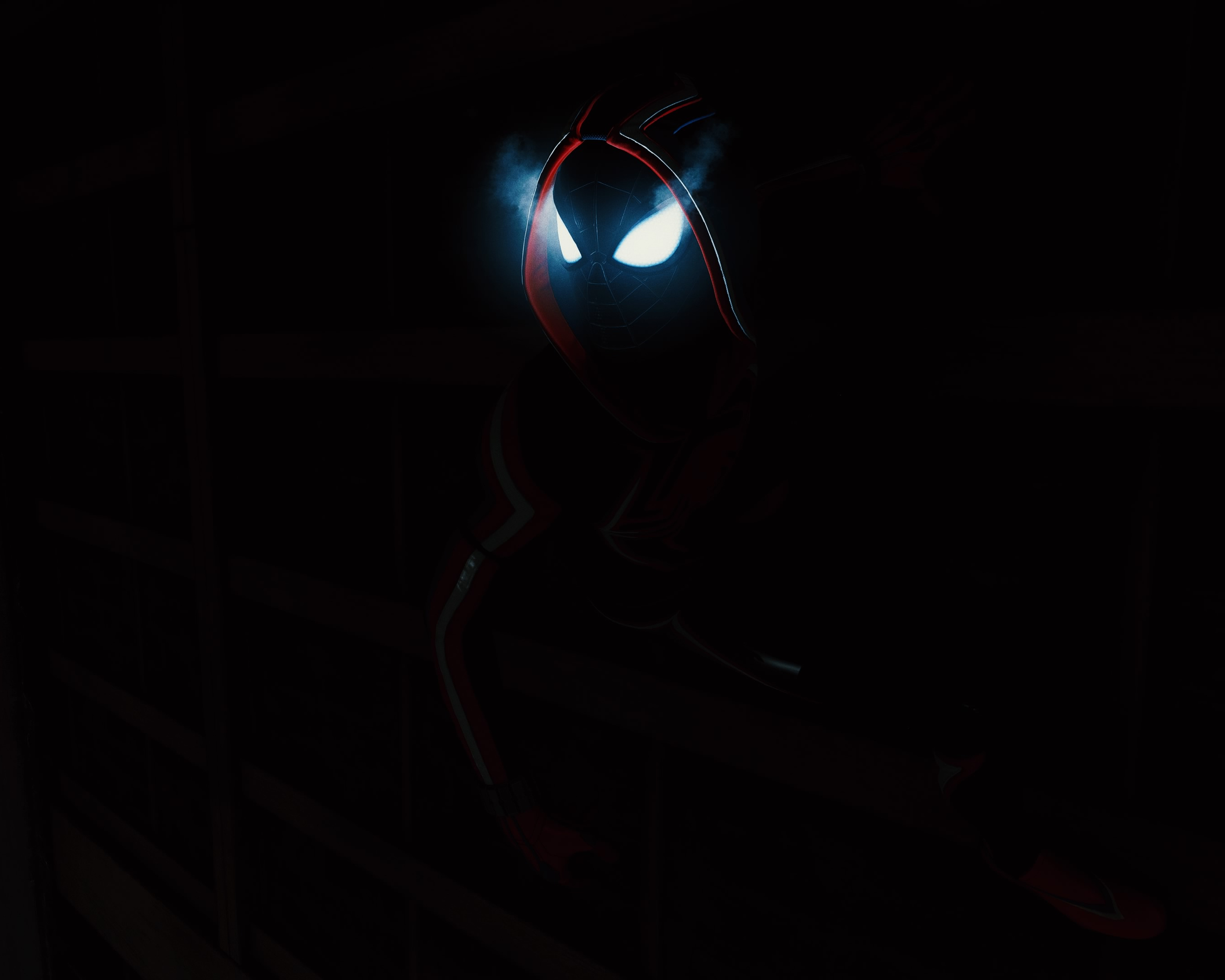 Download Spiderman Miles Morales, Spider man, Miles Morales, Eyes, Black background, Amoled Wallpaper in 2560x2048 Resolution