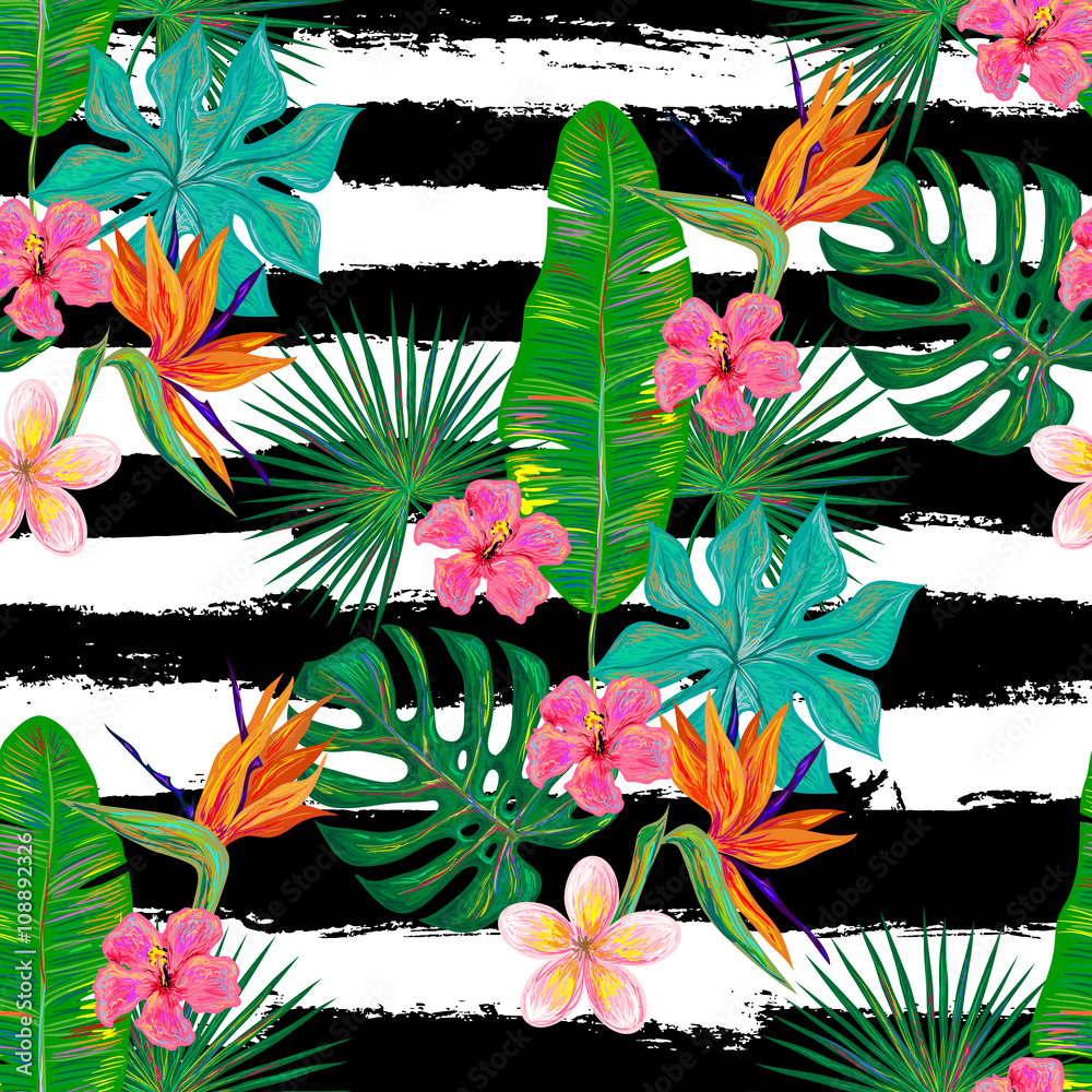 Seamless summer tropical pattern with exotic flowers and palm leaves vector background. Perfect for wallpaper, pattern fills, web page background, surface textures, textile Stock Vector