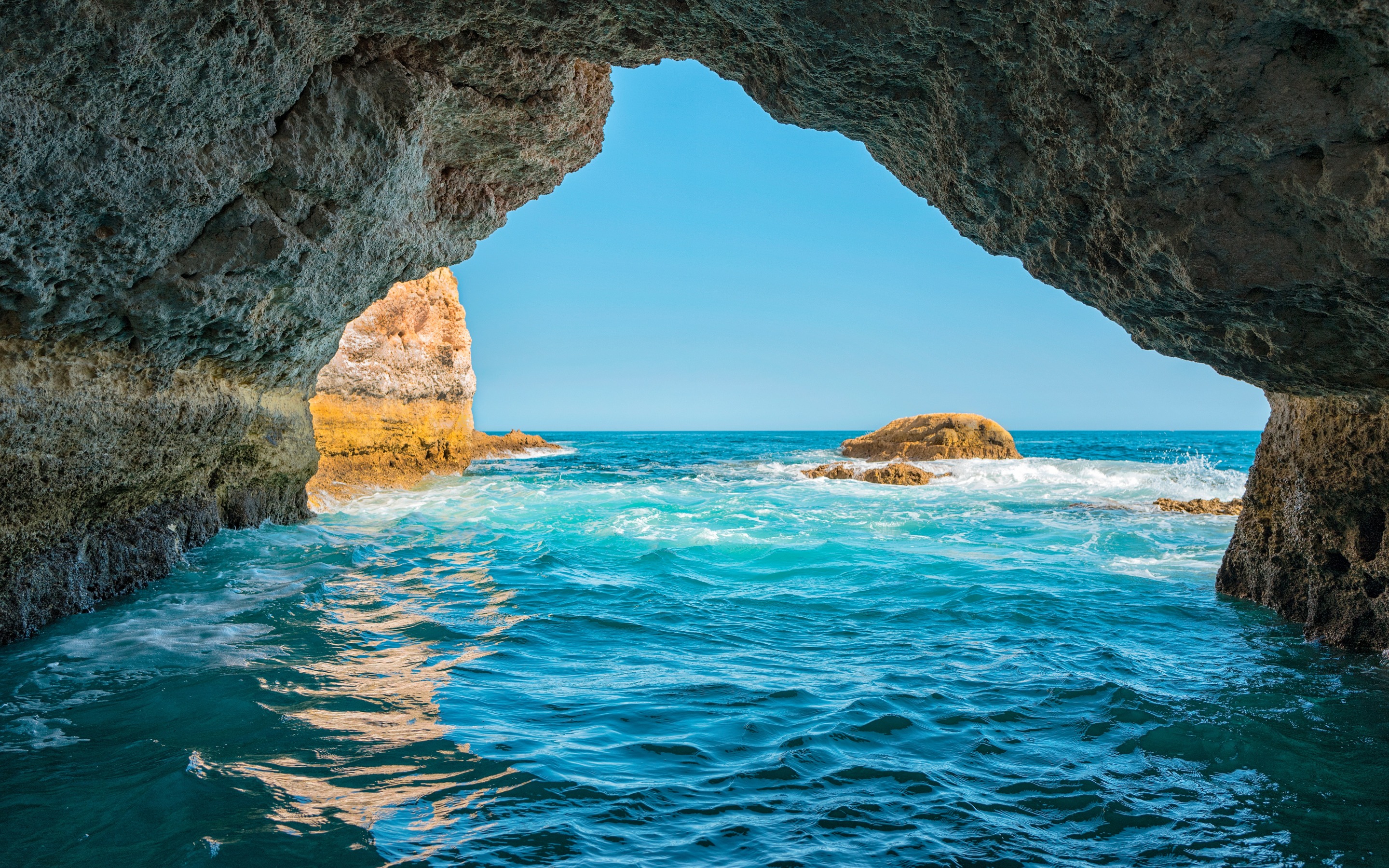 Download wallpaper Algarve, sea, coast, grotto, south, Portugal, waves for desktop with resolution 2880x1800. High Quality HD picture wallpaper