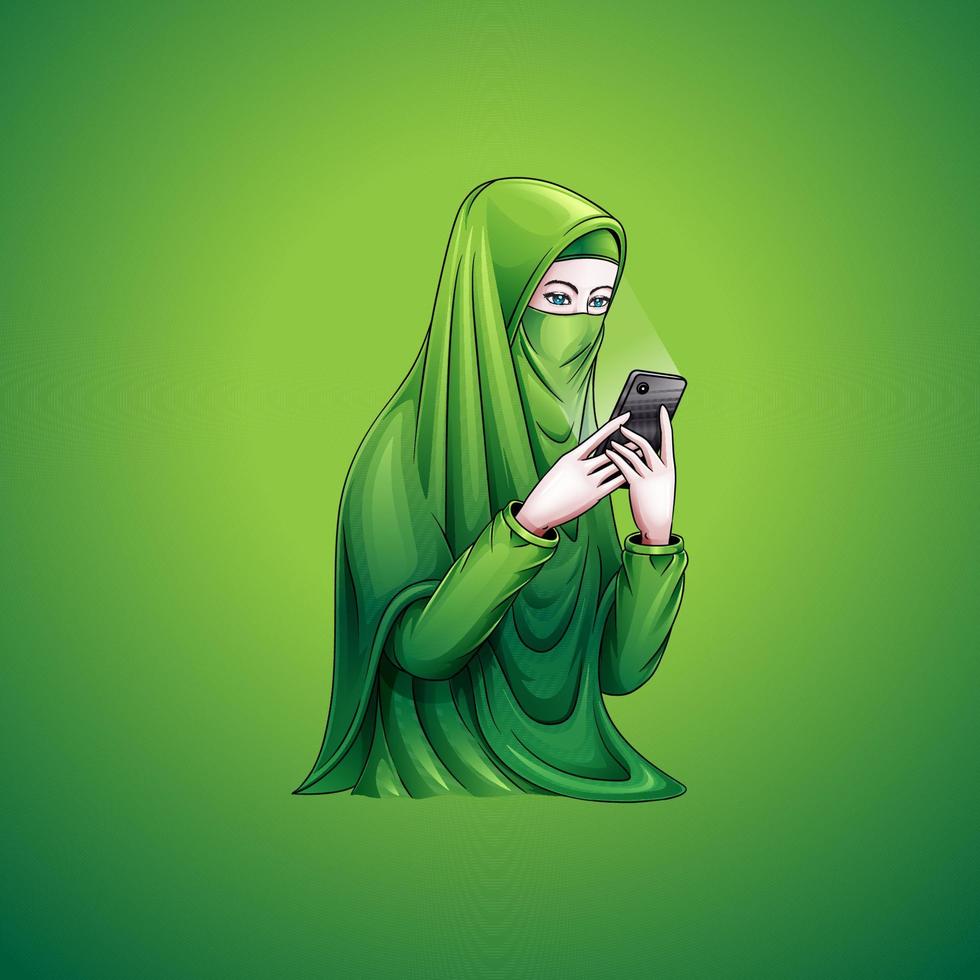 illustration of a muslim woman holding a cellphone