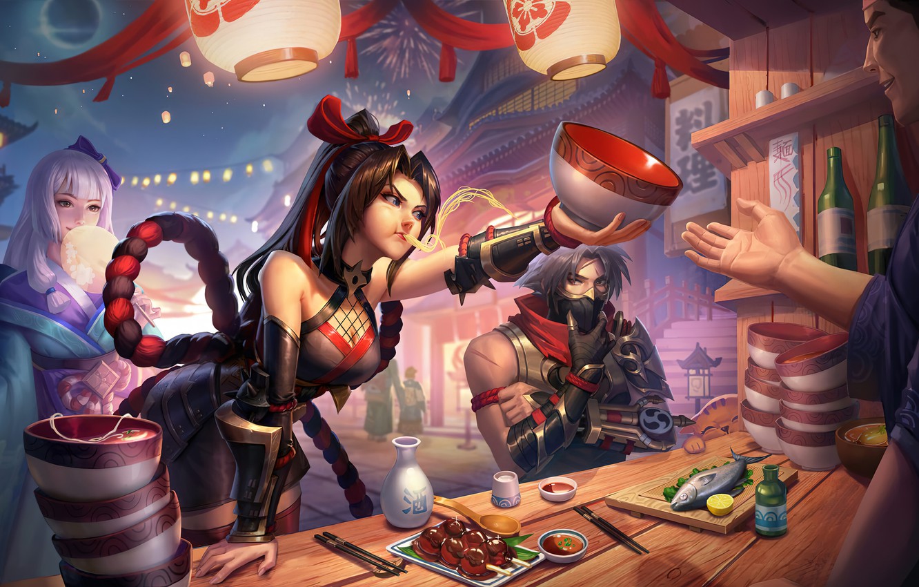 Wallpaper night, girls, food, male, guy, Hayabusa, festival, Kagura, Hanabi, Mobile Legends: Bang Bang! image for desktop, section игры