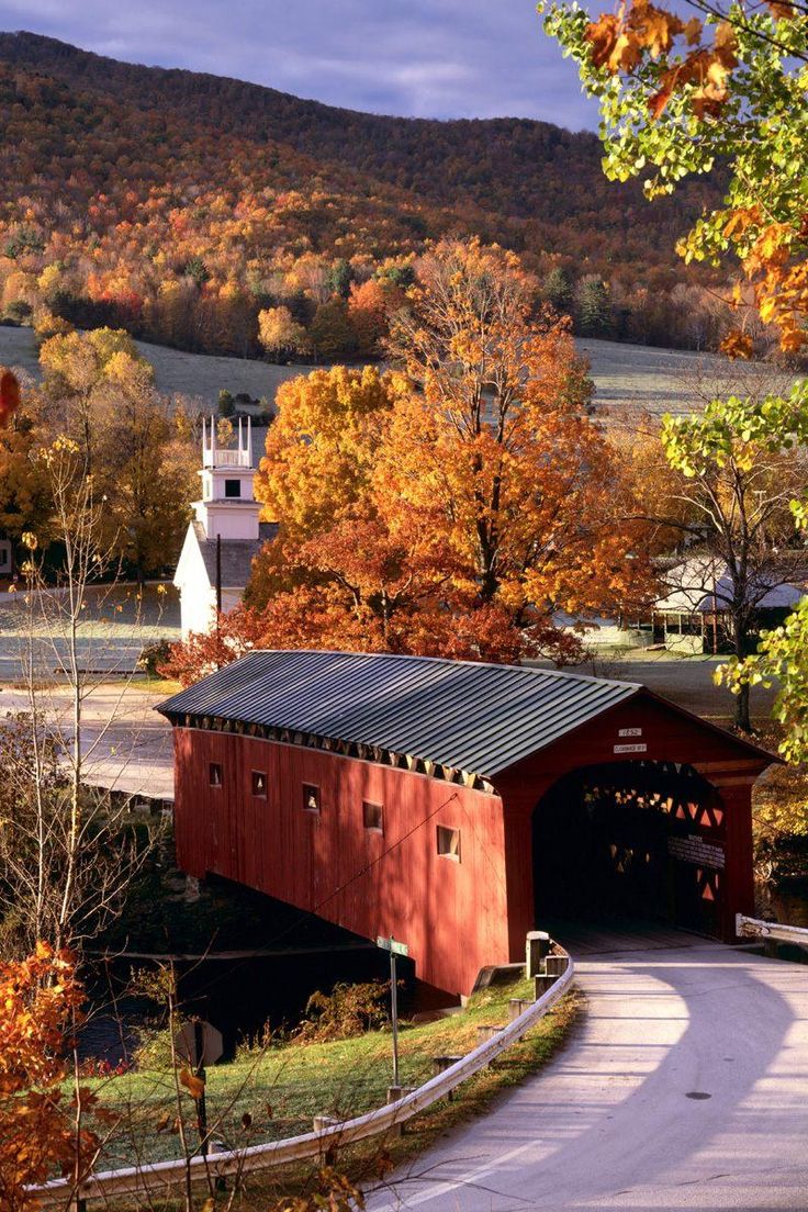 Country Road and old covered bridge in Autumn. Covered bridges, Places, Beautiful places