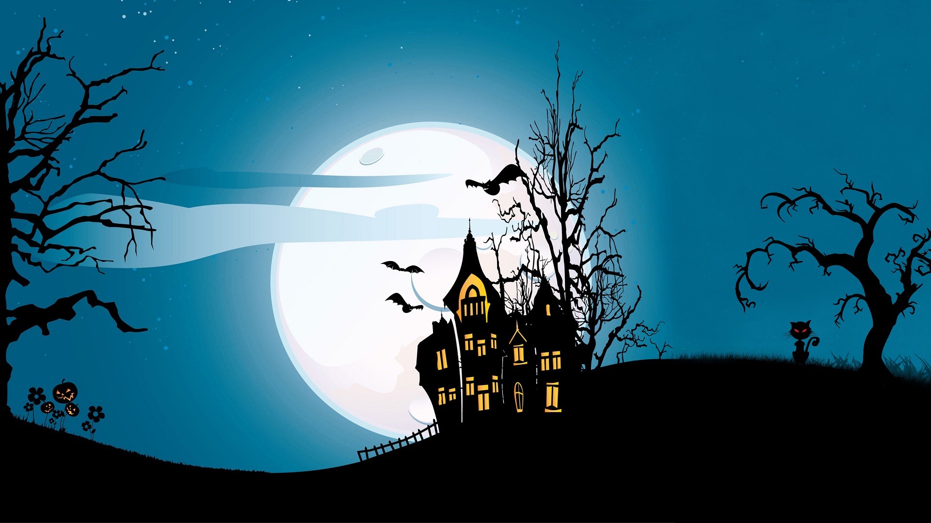 moon, cat, house, Halloween, digital art, trees (1920x1080px) on Wallls.com