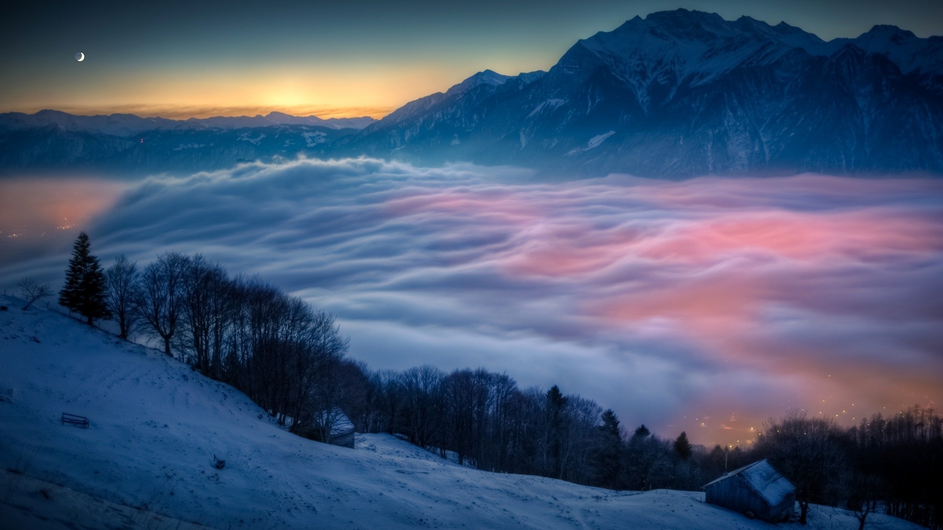 landscape, Nature, Clouds, Mist, Moon, Hut, Snow, Switzerland Wallpaper HD / Desktop and Mobile Background