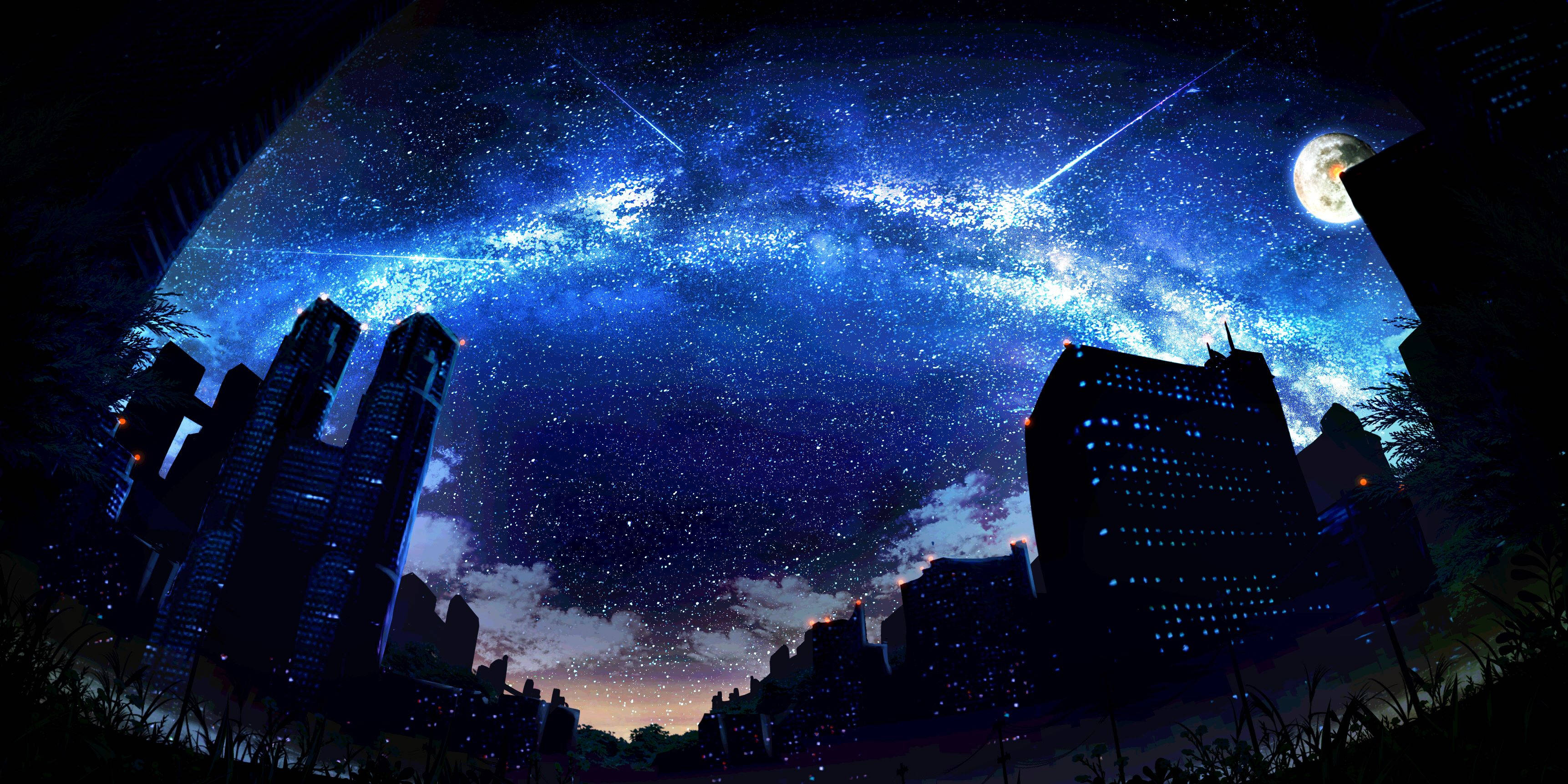 Download Dark Blue Galaxy Anime City Wallpaper