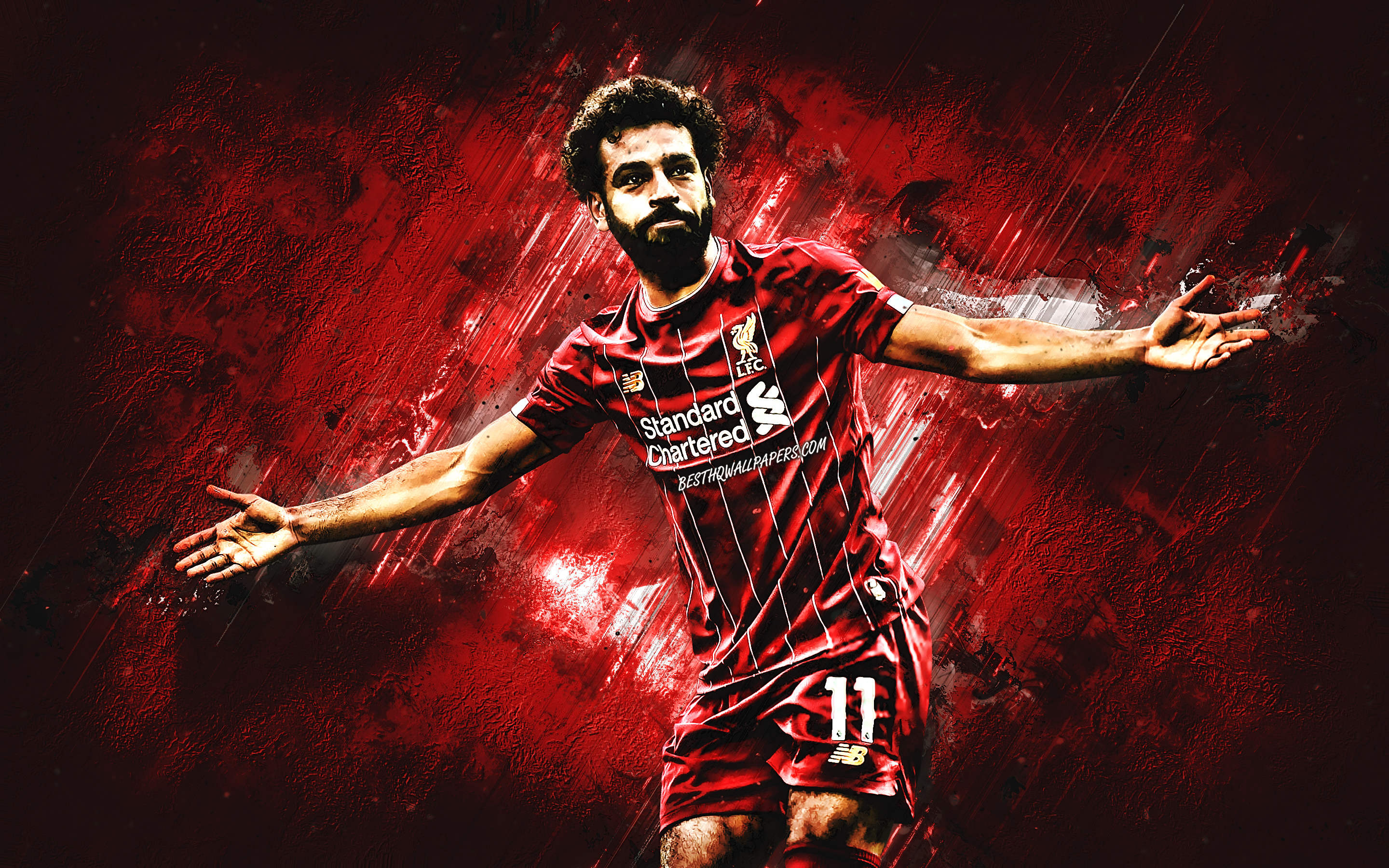 Download wallpaper Mohamed Salah, Liverpool FC, Egyptian footballer, Premier League, England, football, portrait, creative art, red stone background, Salah Liverpool for desktop with resolution 2880x1800. High Quality HD picture wallpaper