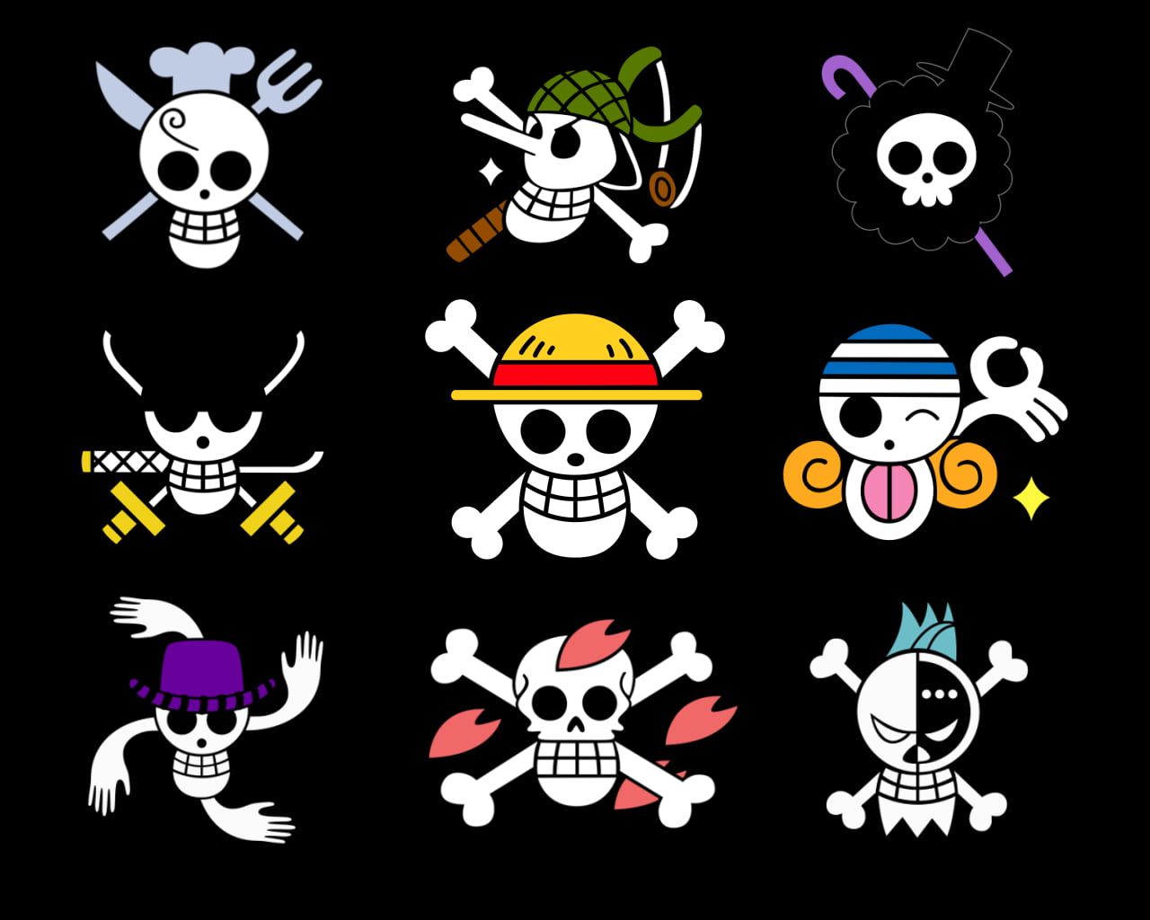 photo displays One Piece skull characters artwork lot One Piece #anime Jolly Roger Monkey D. Luffy #Sanji #Usopp. One piece logo, Pirate symbols, One piece crew