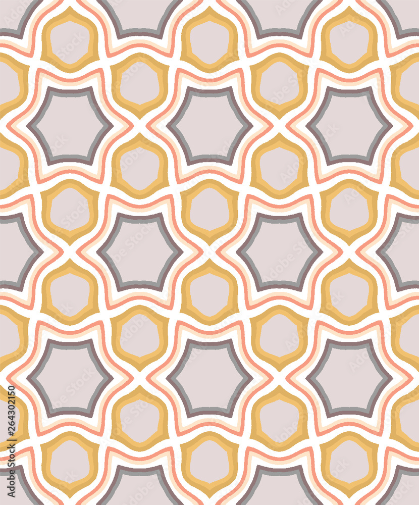 Muted geometric hexagon shapes seamless pattern. All over print vector background. Pretty summer 1960s fashion style. Trendy scrapbooking paper, wallpaper, retro vintage home decor all over print Stock Vector